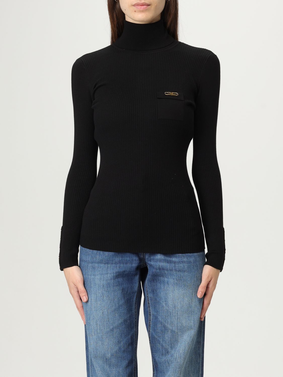 Elisabetta Franchi Turtleneck Ribbed T-shirt In Black