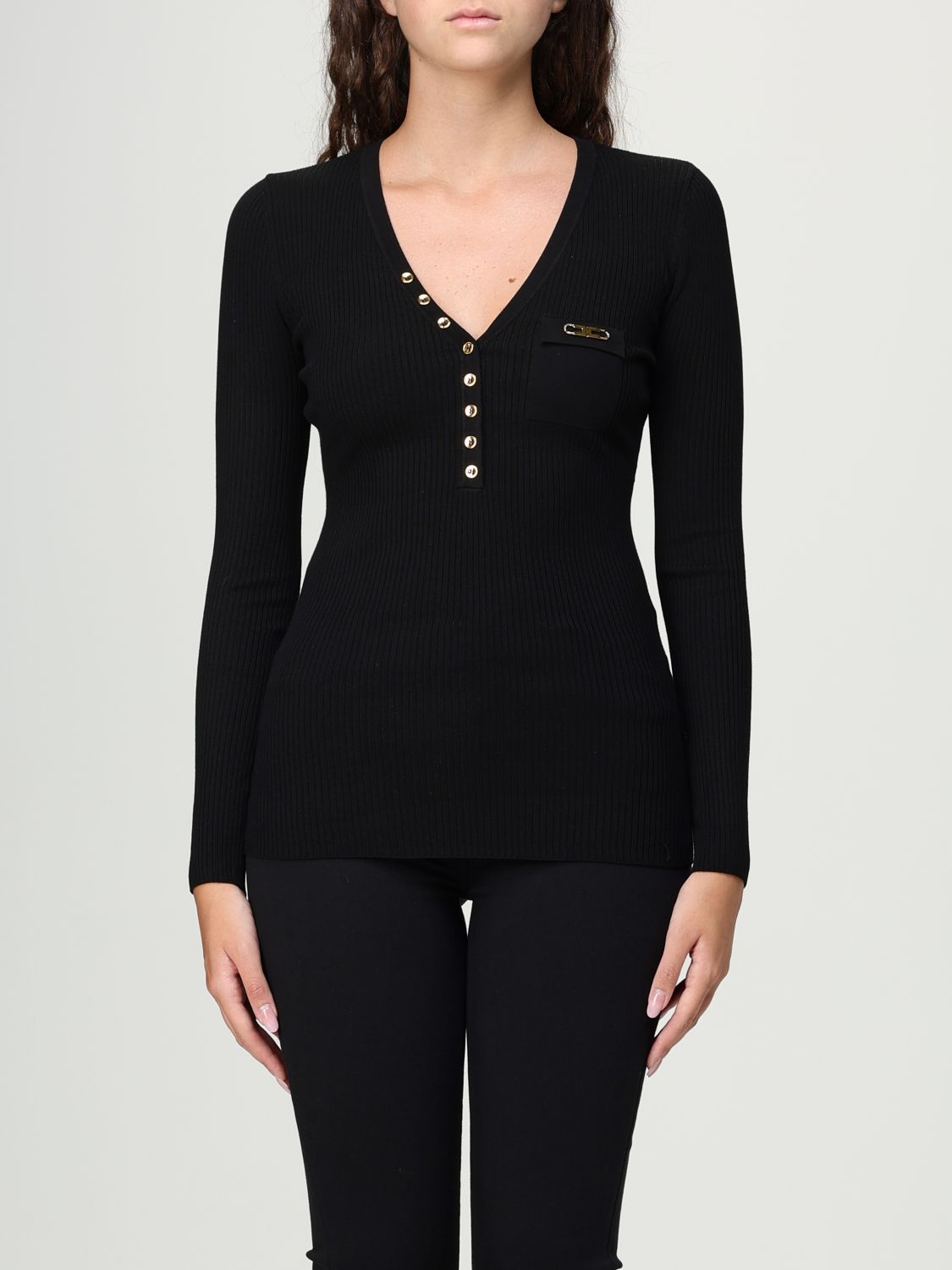 Elisabetta Franchi Ribbed Knit Top With Breast Pocket Clothing In Black