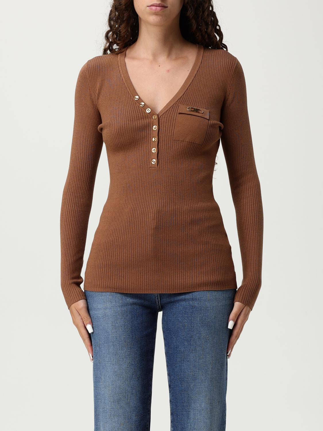 Elisabetta Franchi V-neck Tricot Sweater With Gold Accents And Pocket Detail In Brown