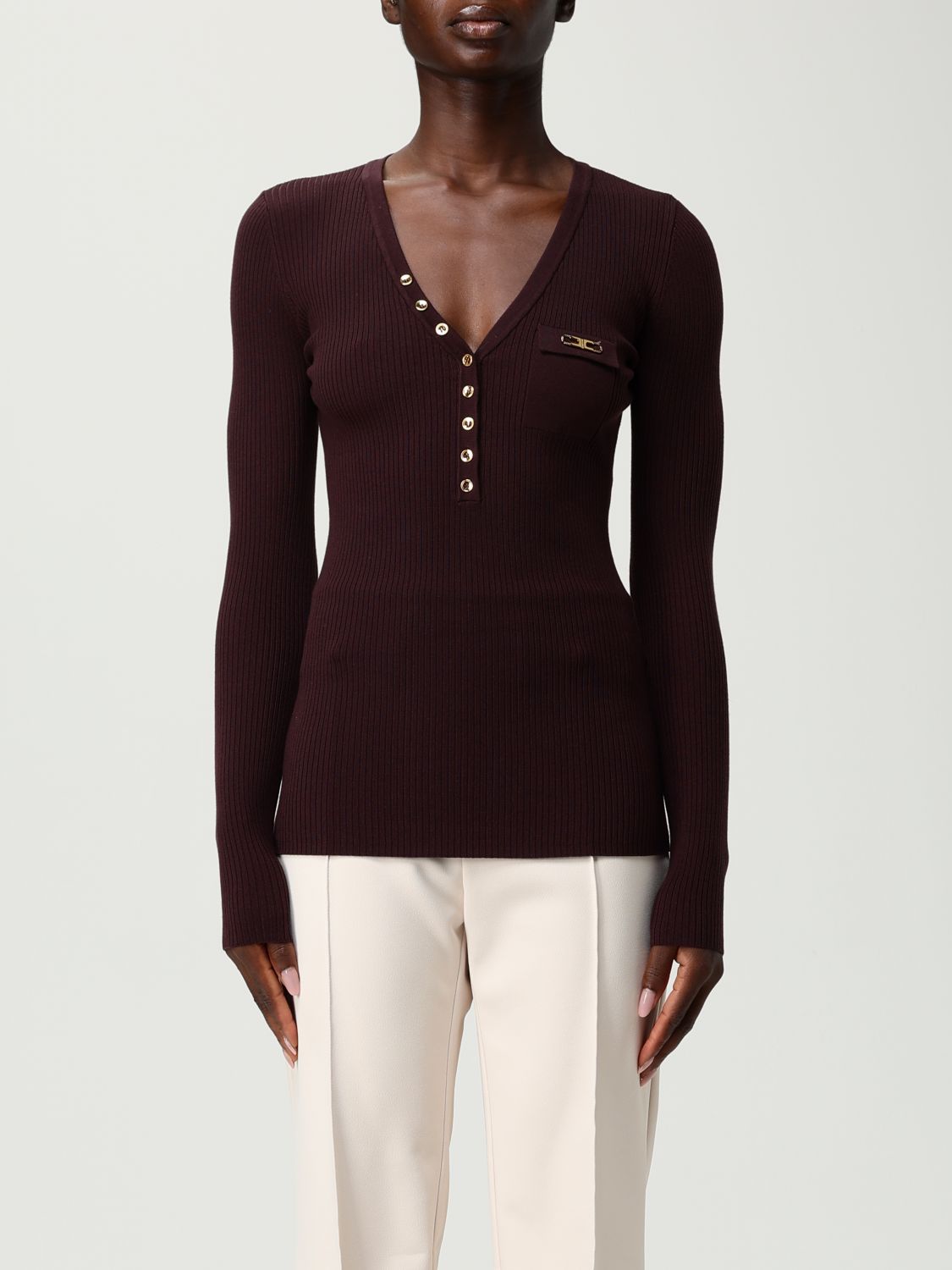Elisabetta Franchi Burgundy Ribbed Sweater With Pocket In Brown