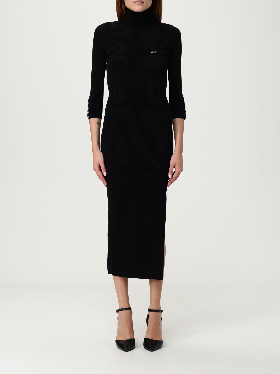 Elisabetta Franchi Form-fitting Black Midi Dress With Ribbed Texture And Logo Detail In Black