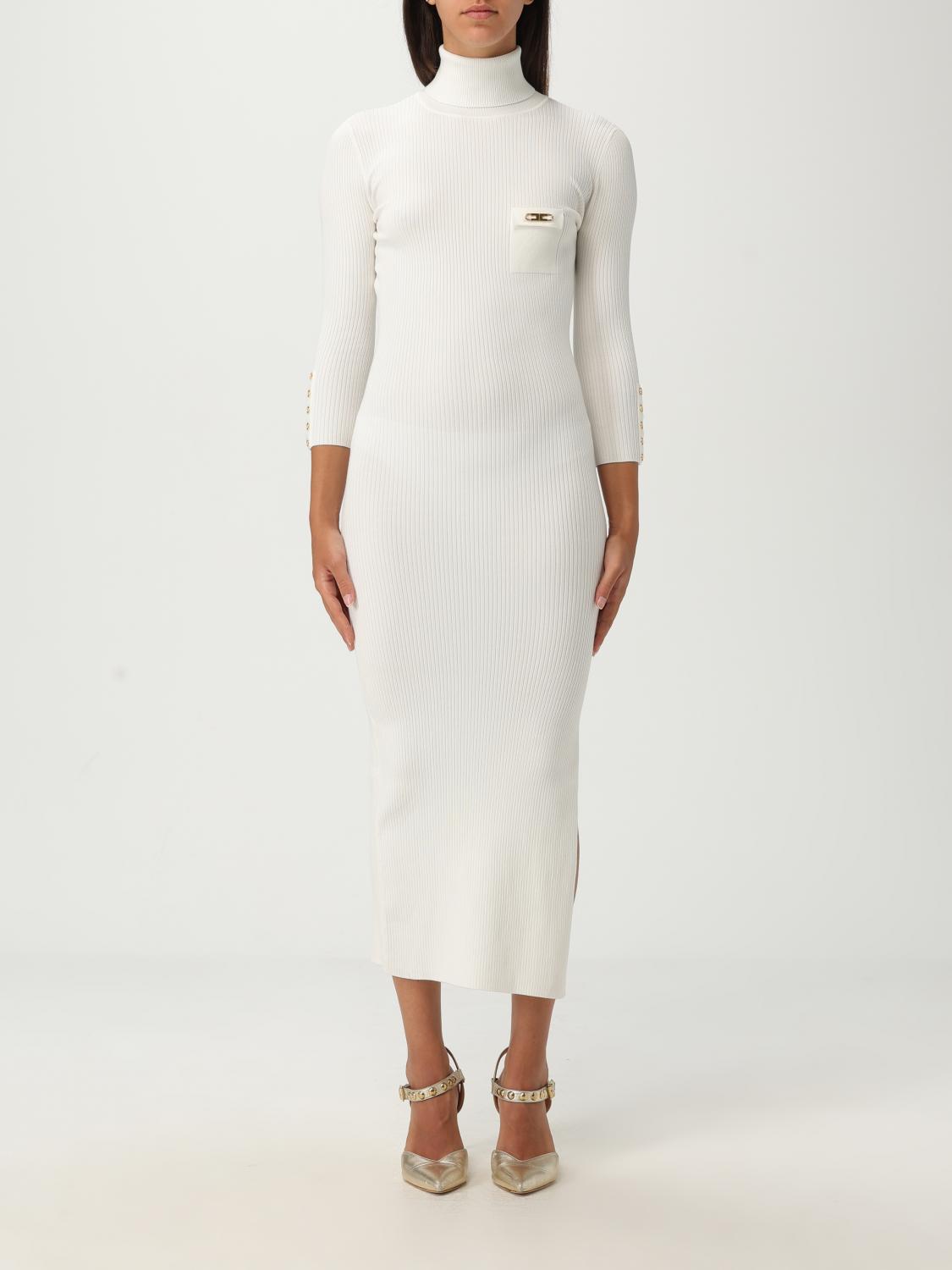 Elisabetta Franchi Ribbed Roll-neck Side-slit Midi Dress In White