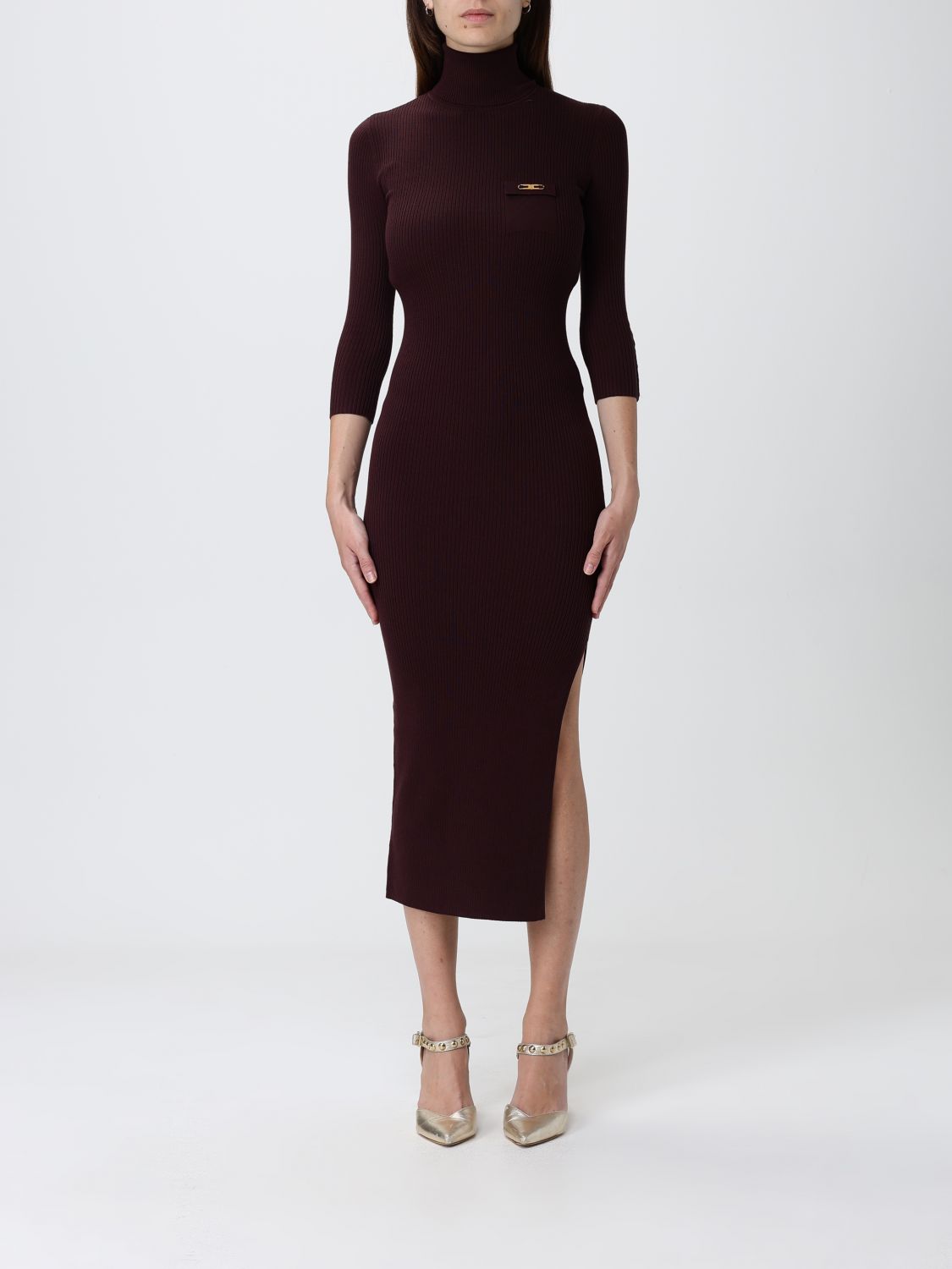 Elisabetta Franchi Midi Dress With High Neck And Side Slit Detail In Burgundy