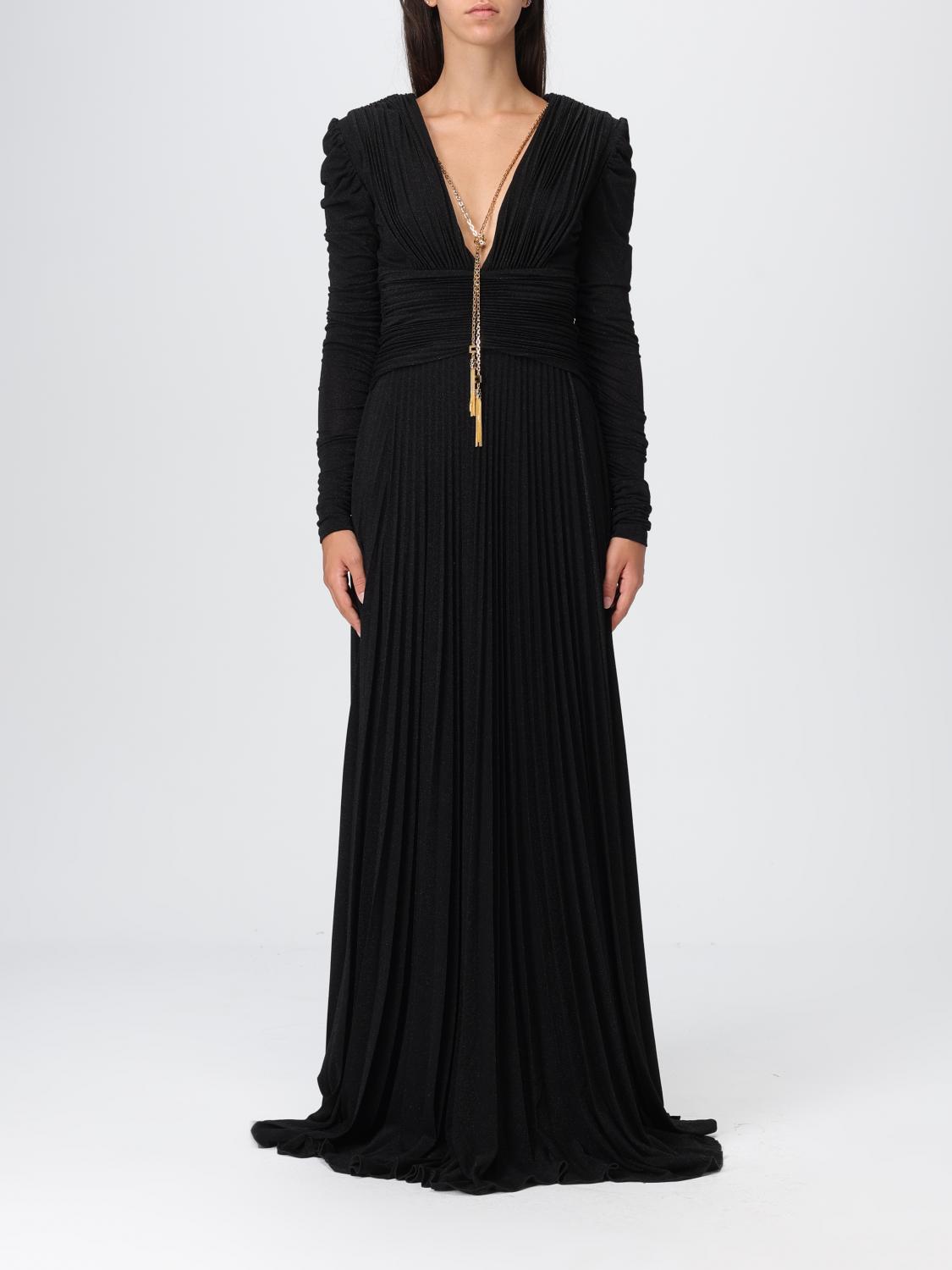 Elisabetta Franchi Chain Detail Pleated Dress With Ruched V-neckline In Black