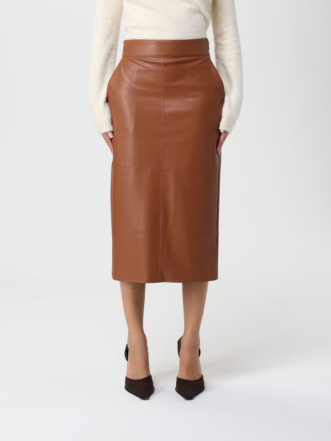 Elisabetta Franchi Pencil Skirt With Jewelled Hooks In Brown