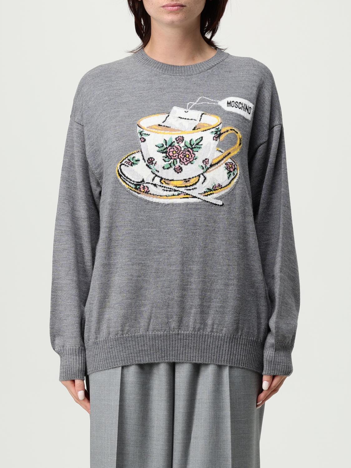 Moschino Crew Neck Graphic Print Intarsia Sweater In Gray