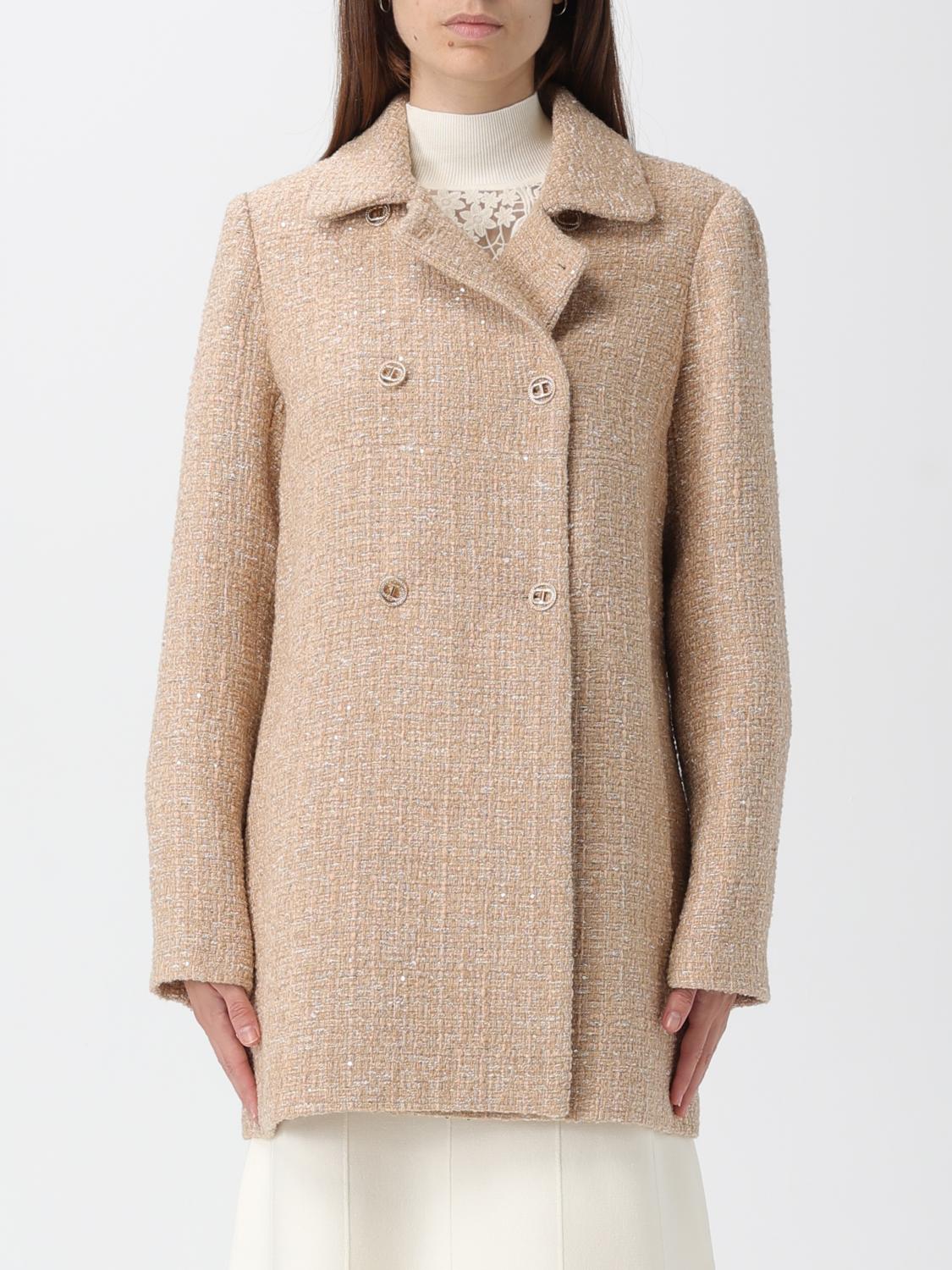 Twinset Bouclé Coat With Sequins In Neutral