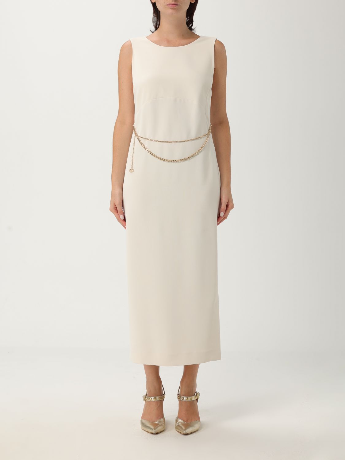 Twinset Chain-embellished Sleeveless Midi Dress In White