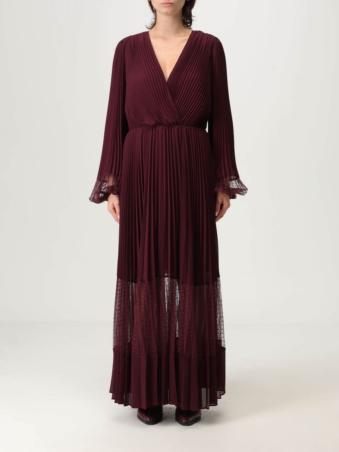 Twinset V-neck Long Sleeve Dress With Sheer Panels In Burgundy