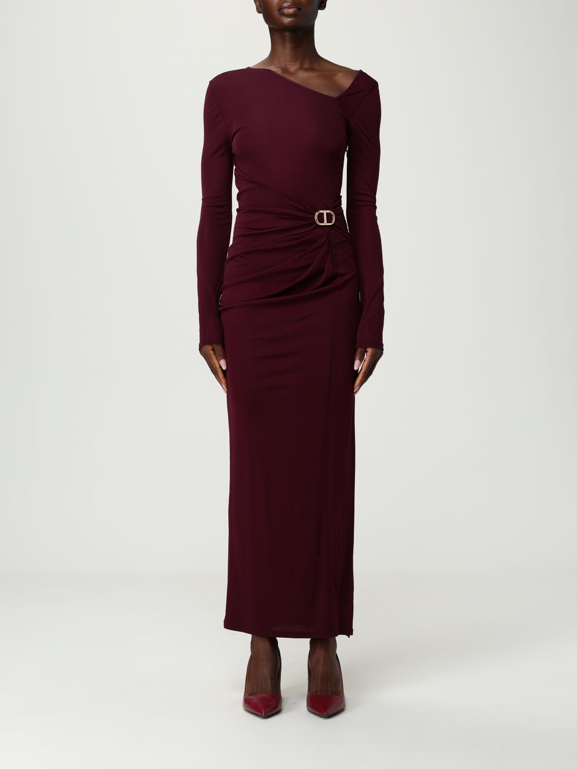 Twinset Draped Asymmetric Maxi Dress In Burgundy