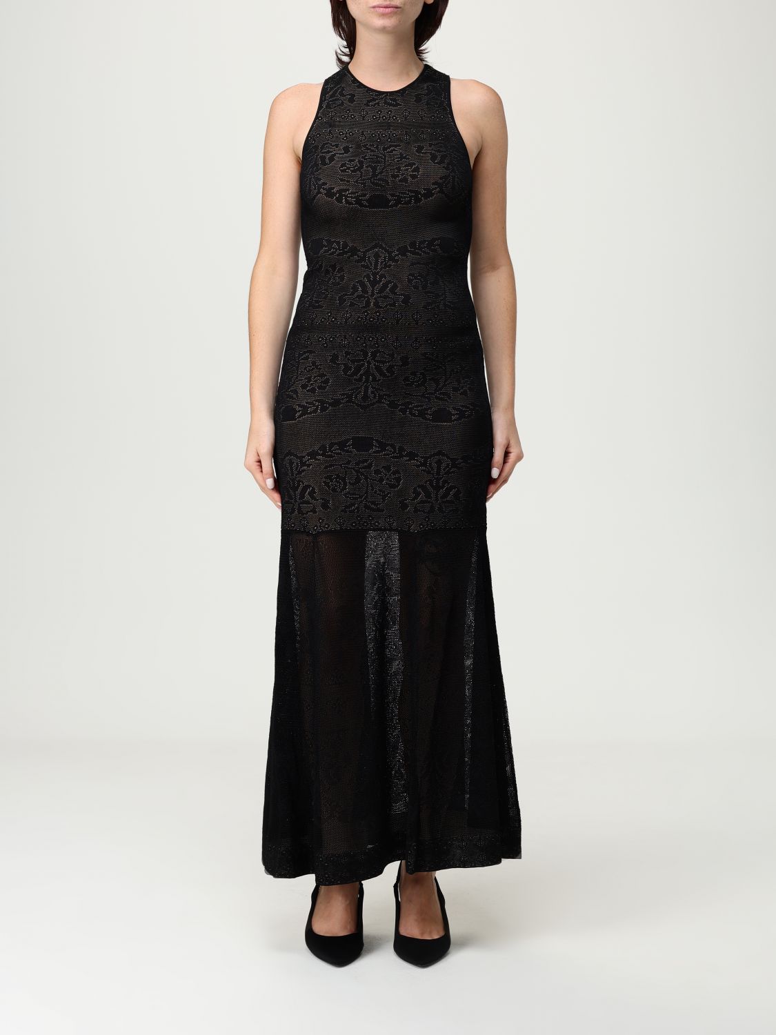 Twinset Twin-set Fitted Bodice Maxi Dress With Floral Lace Overlay In Black