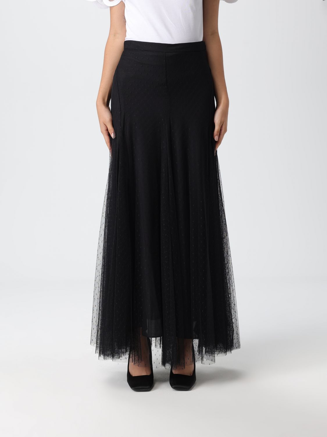 Twinset Maxi Skirt In Tulle Fabric With Polka-dot Pattern In Black