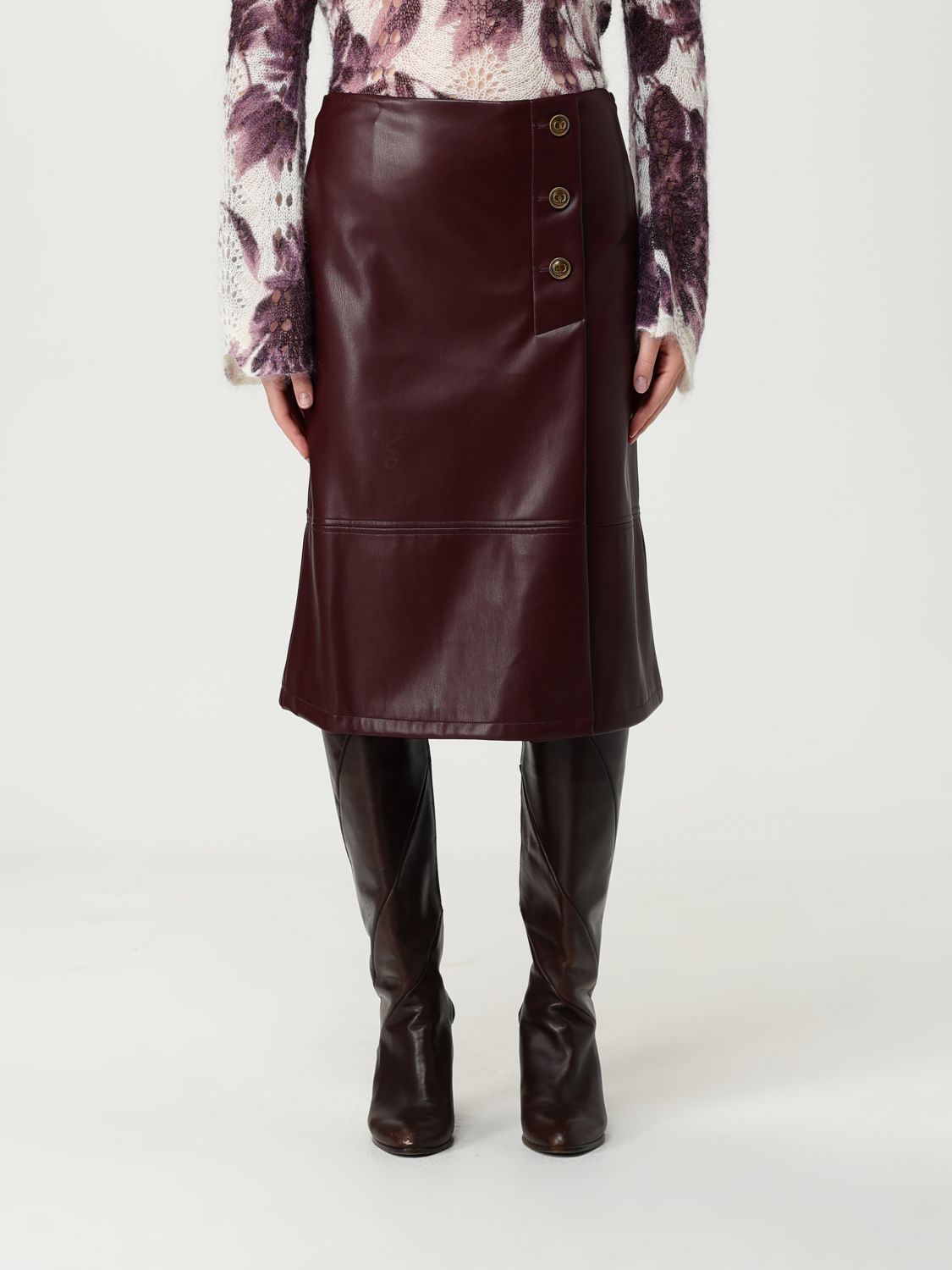 Twinset Button-detailed Leather Midi Skirt In Brown