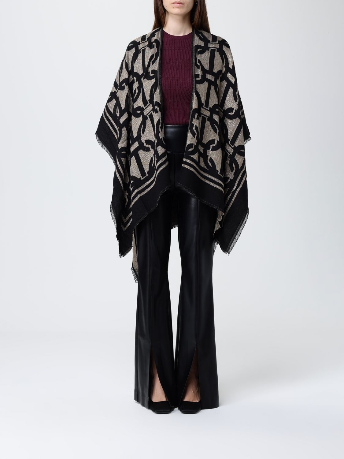 Twinset Geometric-pattern Fringed Poncho In Black