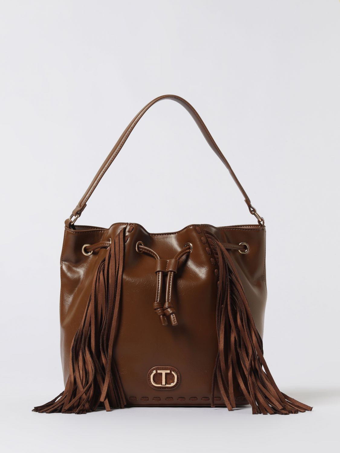 Twinset Medium Bucket Bag With Fringe Details In Brown