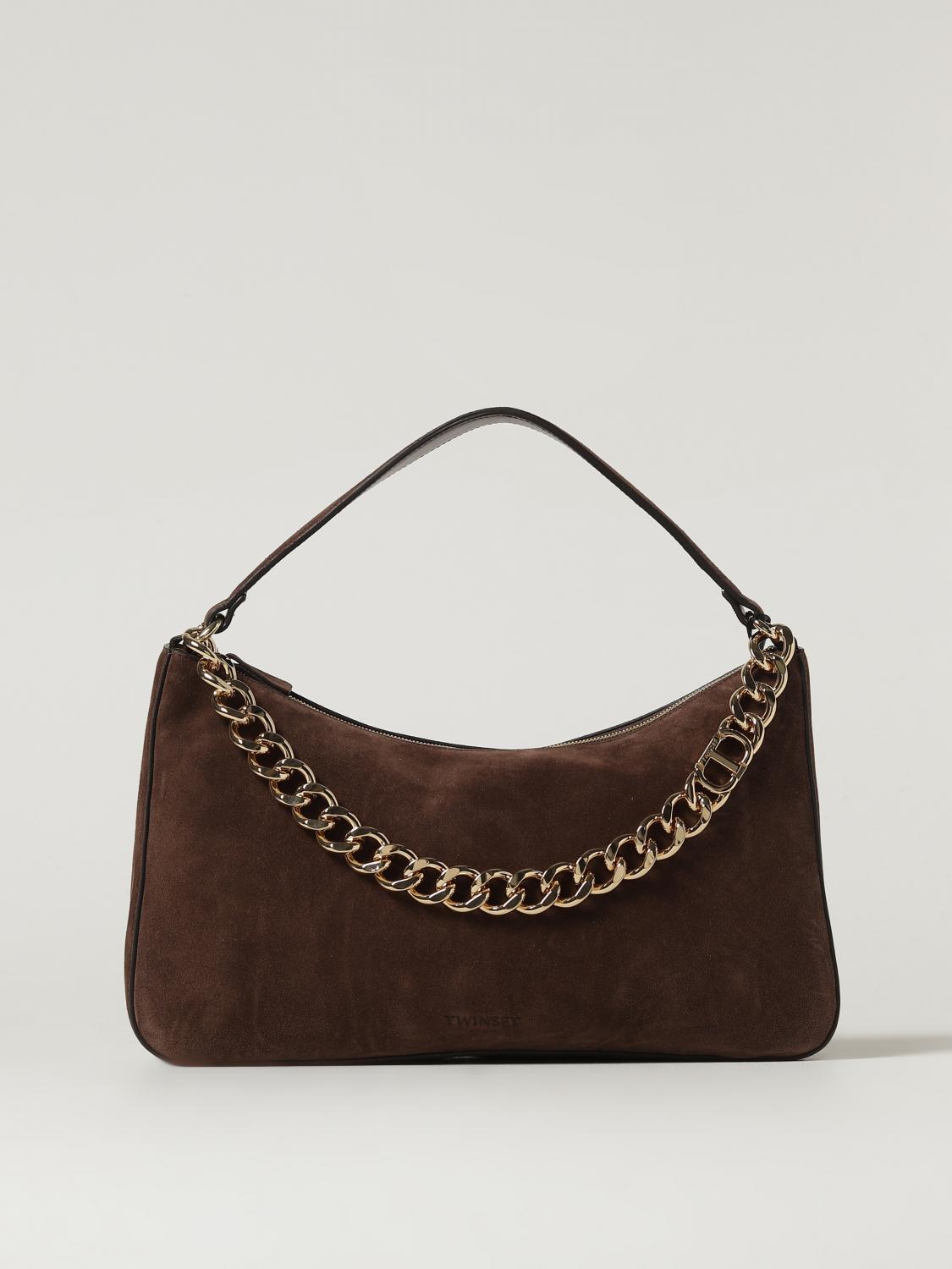 Twinset Twin-set Suede Crossbody Bag With Gold Chain Strap In Brown
