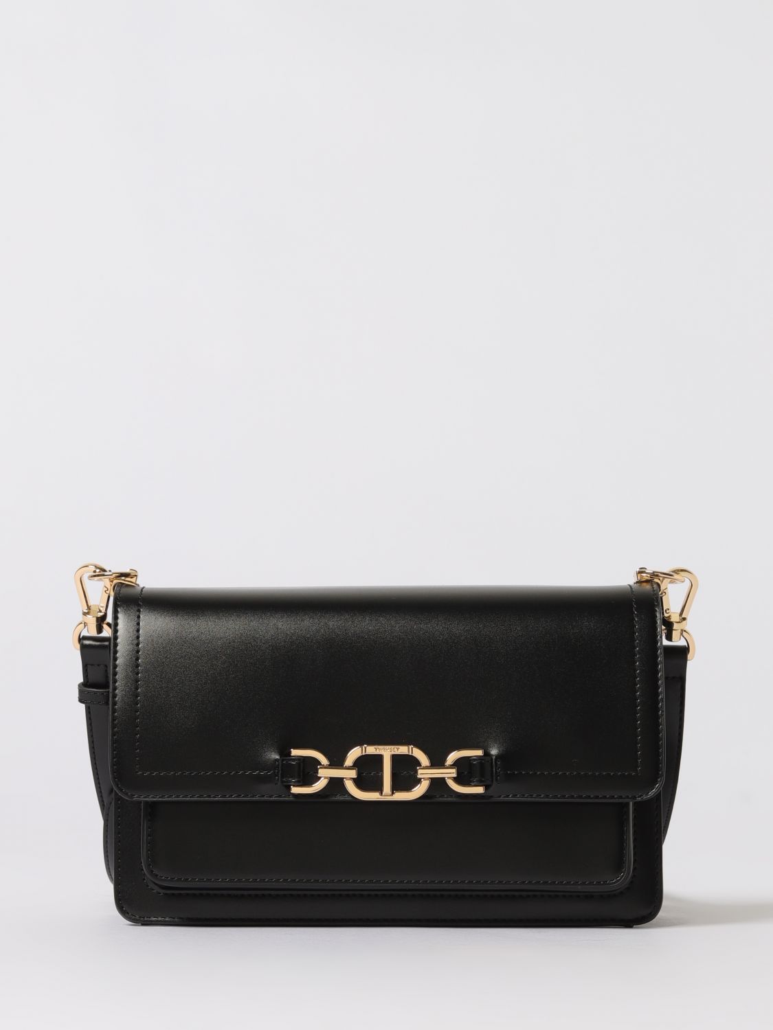Twinset Twin-set Structured Black Shoulder Bag With Gold-tone Clasp In Black