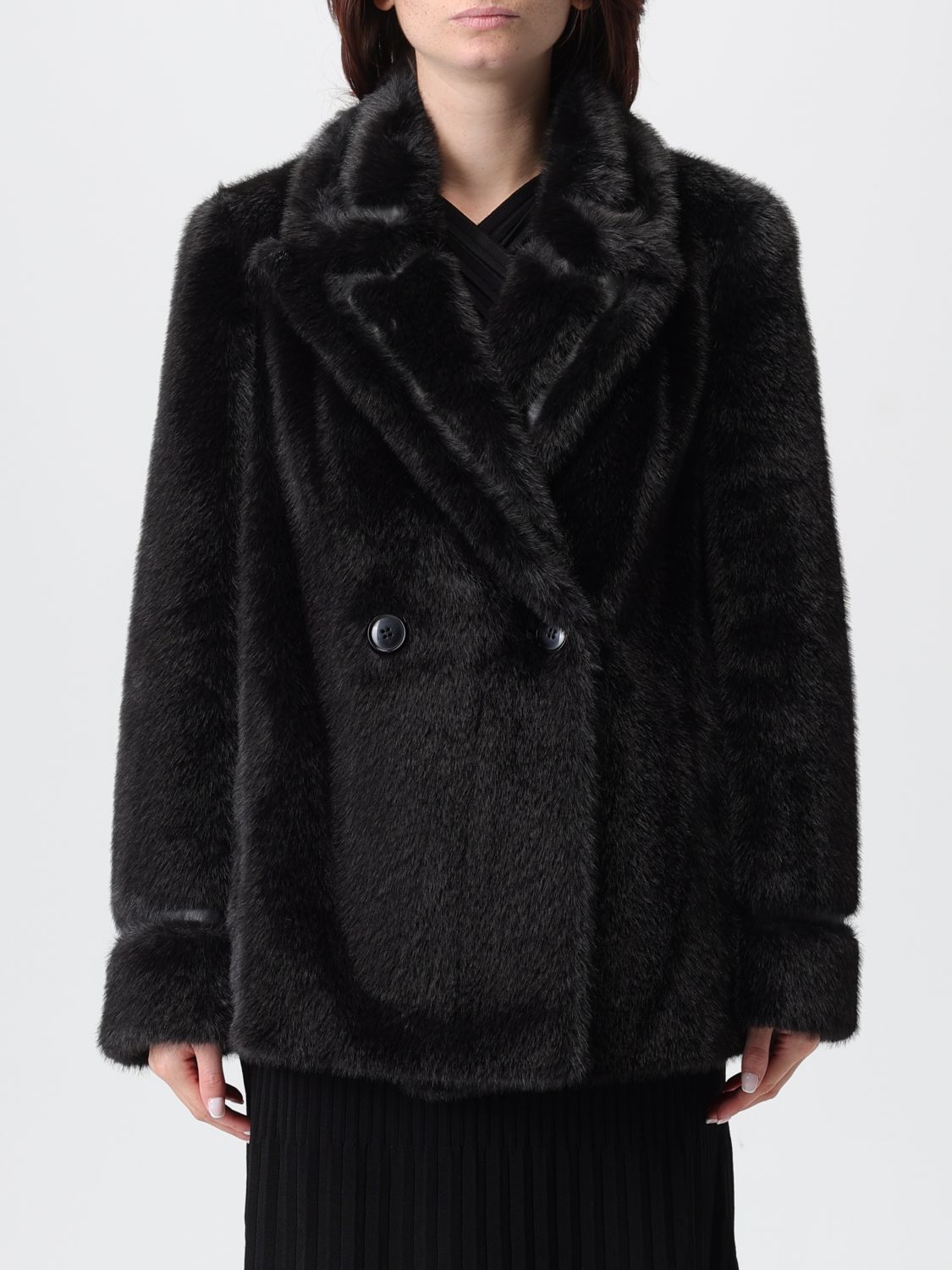 Twinset Black Coat With Classic Lapels In Faux Fur Woman In Multi