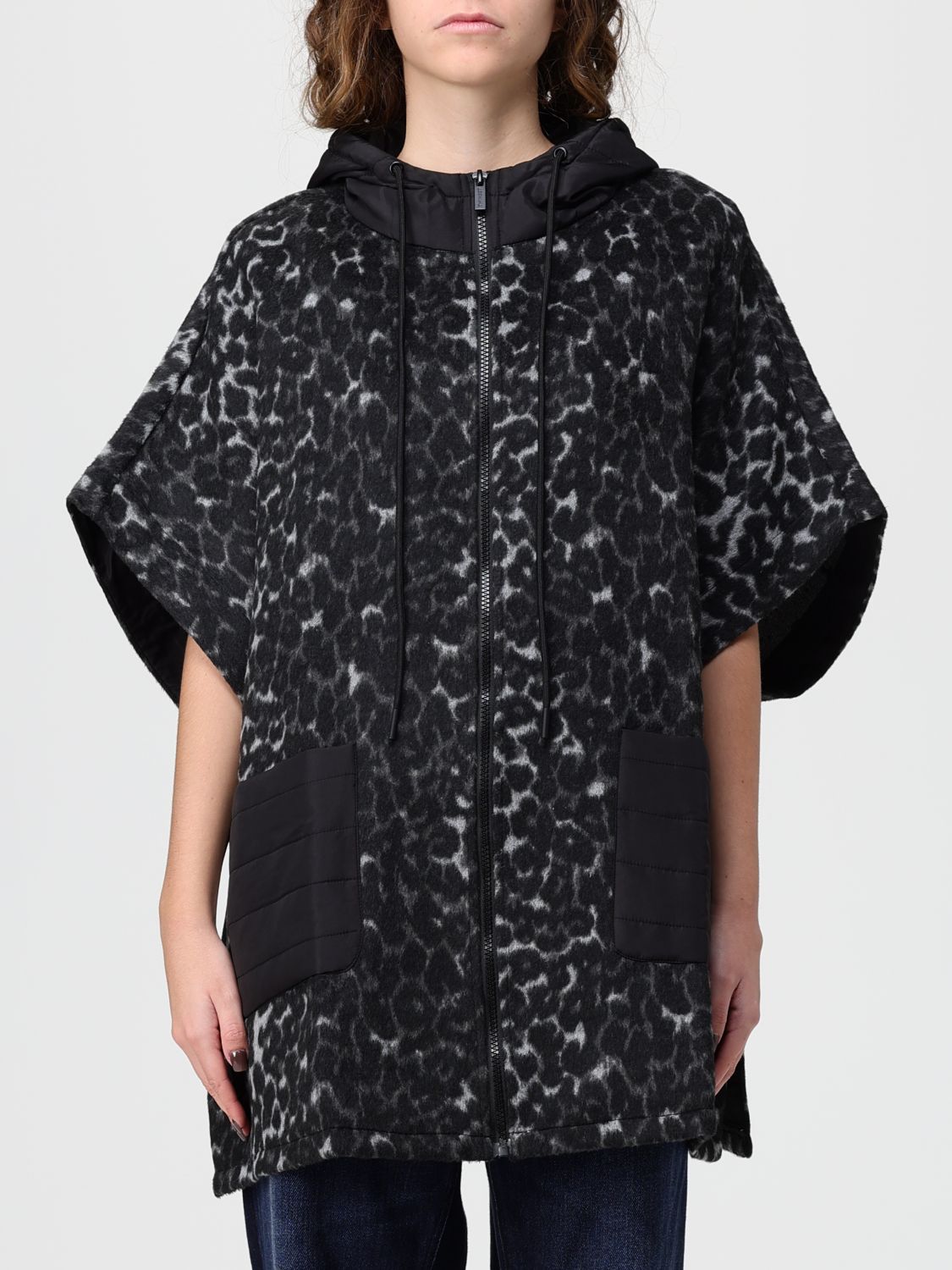 Twinset Textured Cape-style Coat With Hood In Black