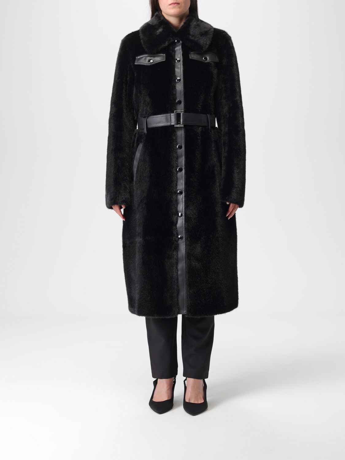 Patrizia Pepe Faux Fur Coat With Maxi Collar And Logo Buttons In Black