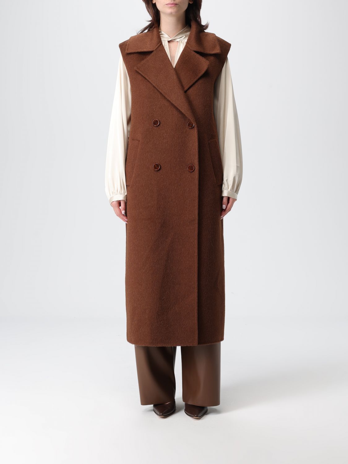 Patrizia Pepe Double-breasted Sleeveless Coat In Brown