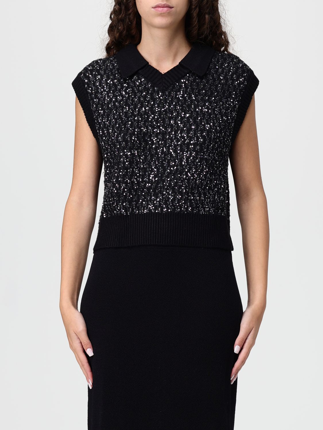 Patrizia Pepe Sequinned Knitted Top In Black