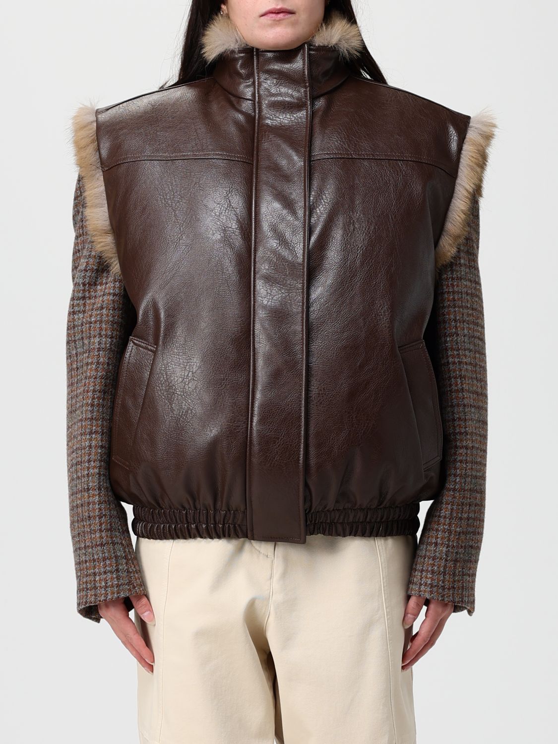 Msgm Reversible Sleeveless Jacket With Logo Patch On The Rear In Ecofur And Ecoleather Woman In Gray