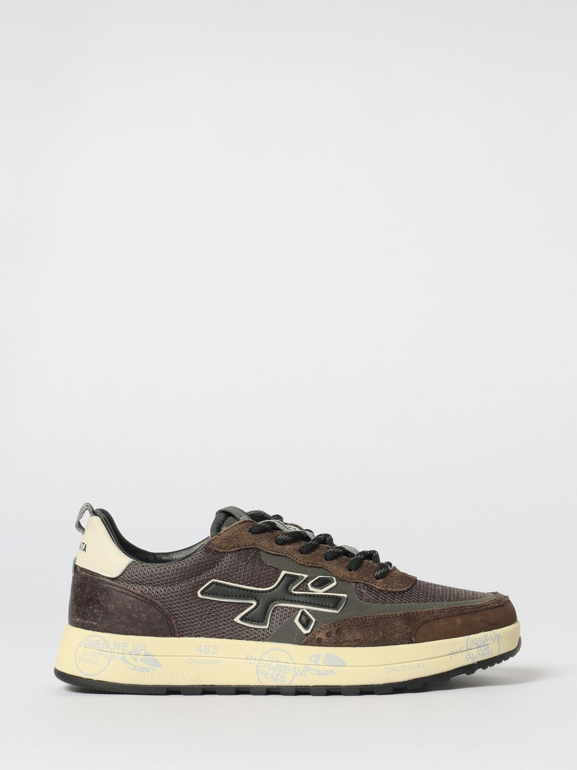 Premiata Layered Brown Sneakers With Textured Accents And Cream Sole In Gray