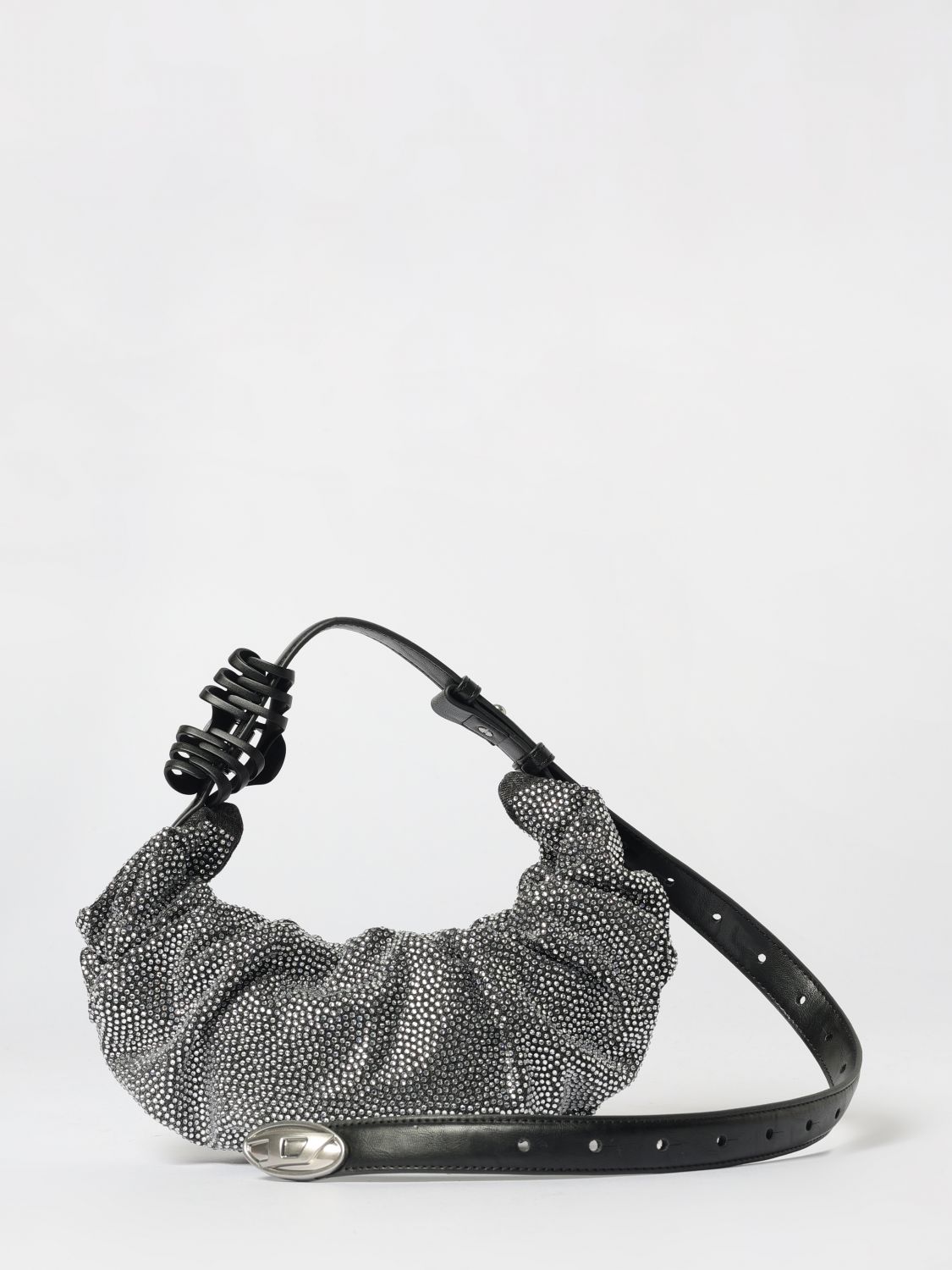 Diesel Small Grab-d Embellished Scrunched Shoulder Bag In Black