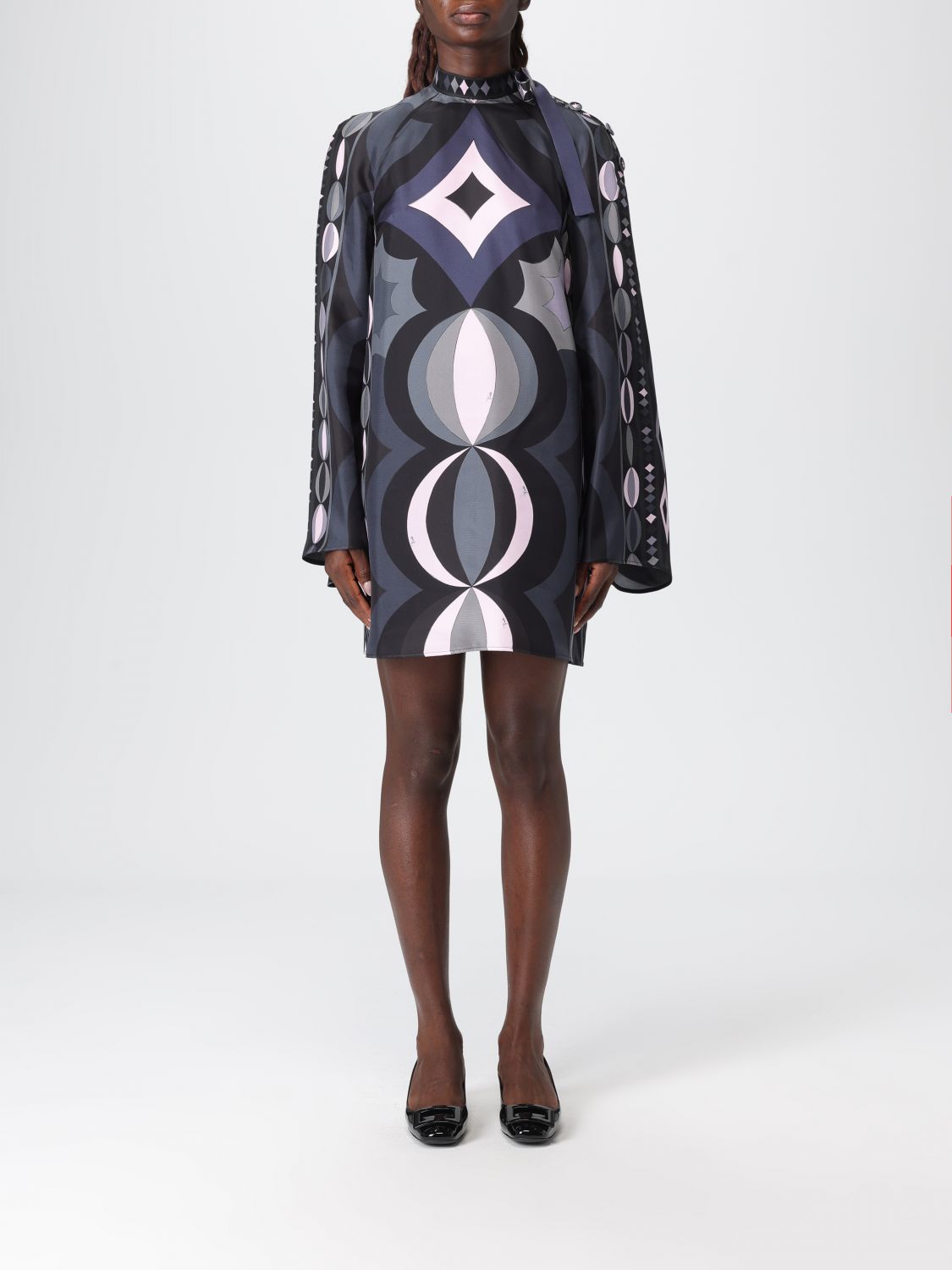 Pucci Geometric Pattern Long Sleeve High Neck Dress In Black