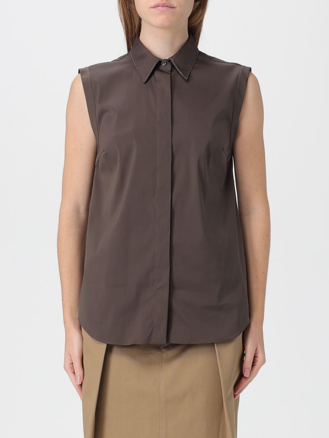 Brunello Cucinelli Stretch Poplin Shirt In Brown