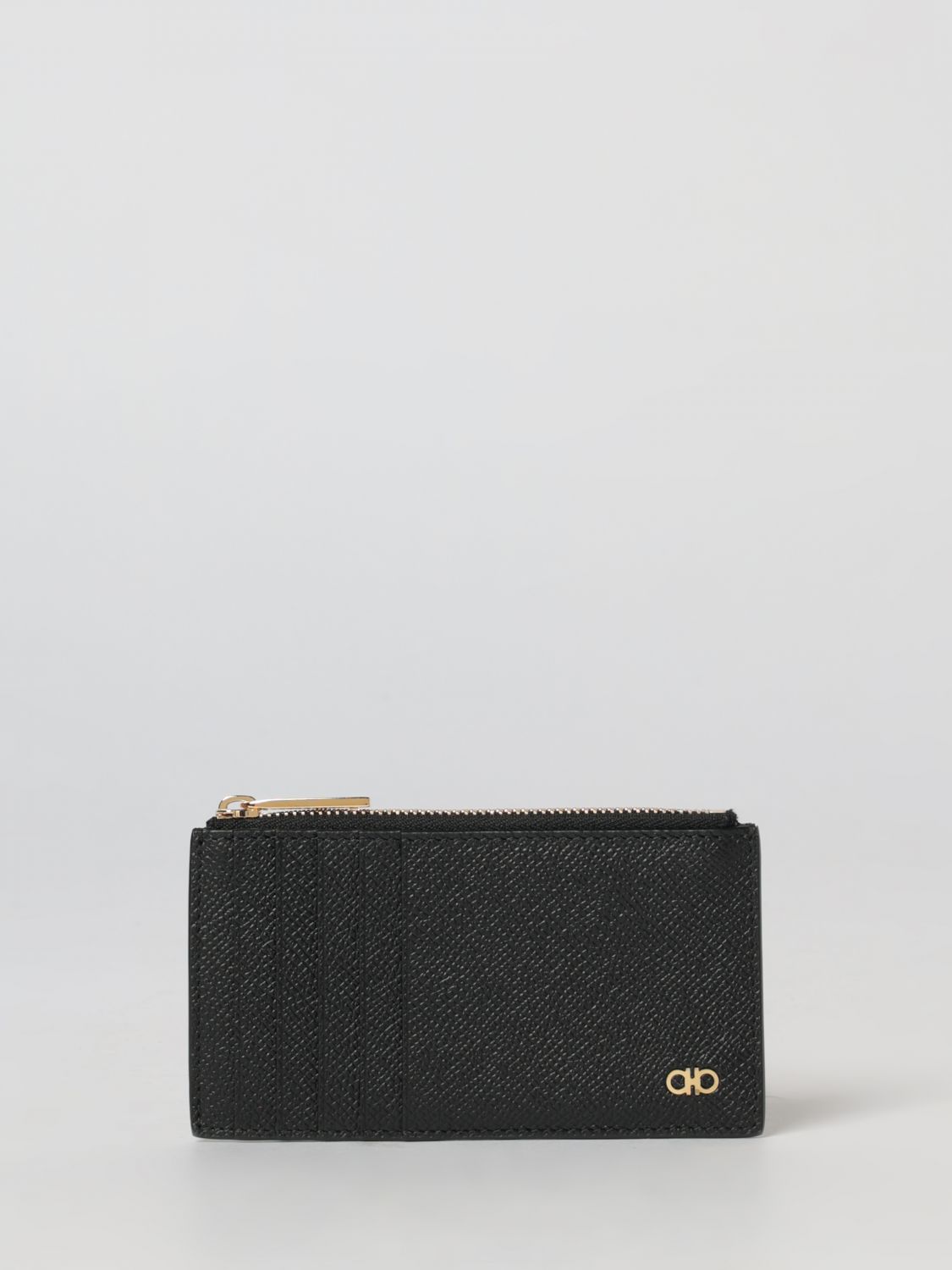Ferragamo Gancini Embossed Leather Card Holder In Black