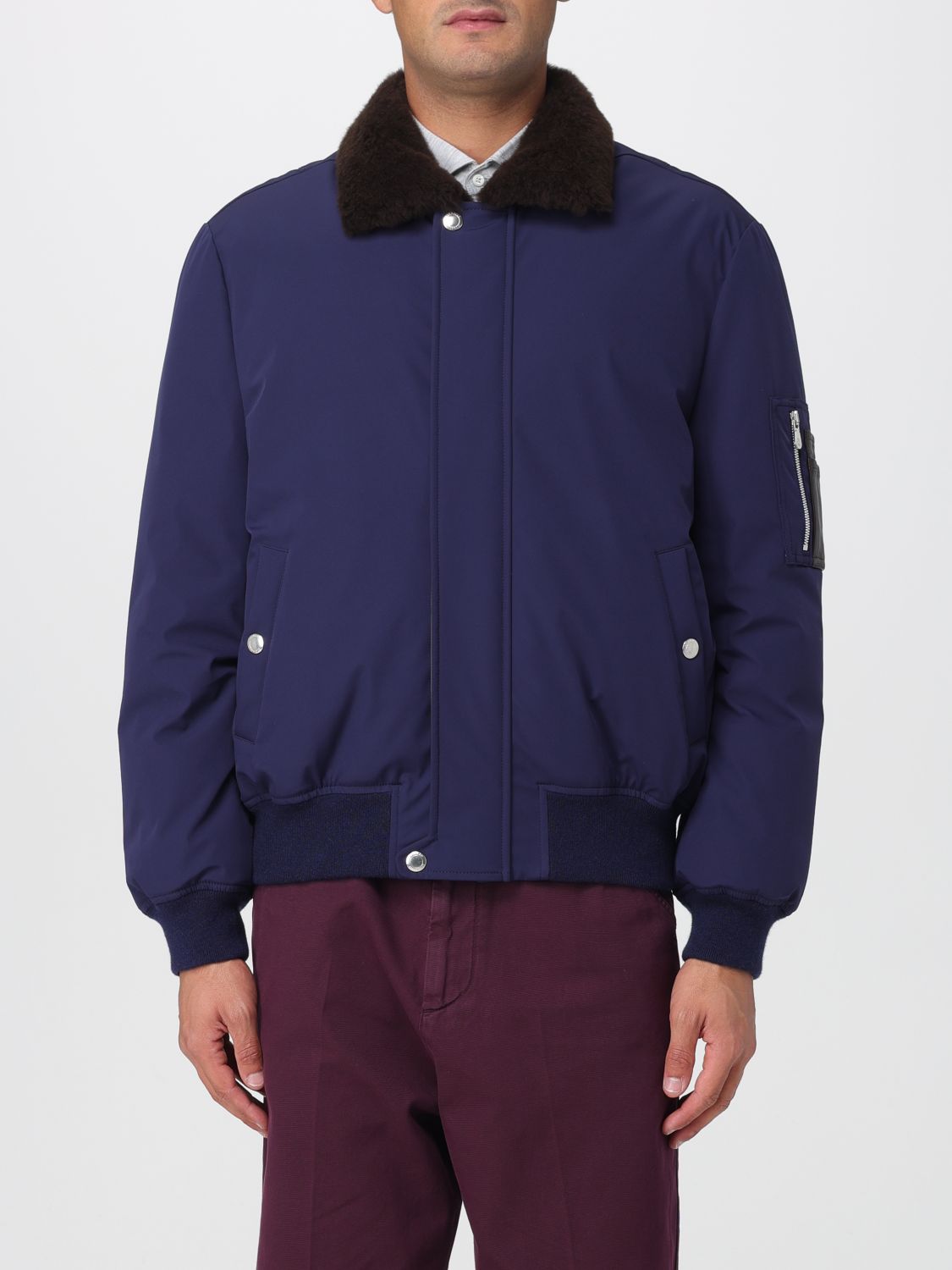 Brunello Cucinelli Down Jacket Nylon Shearling Collar In Blue