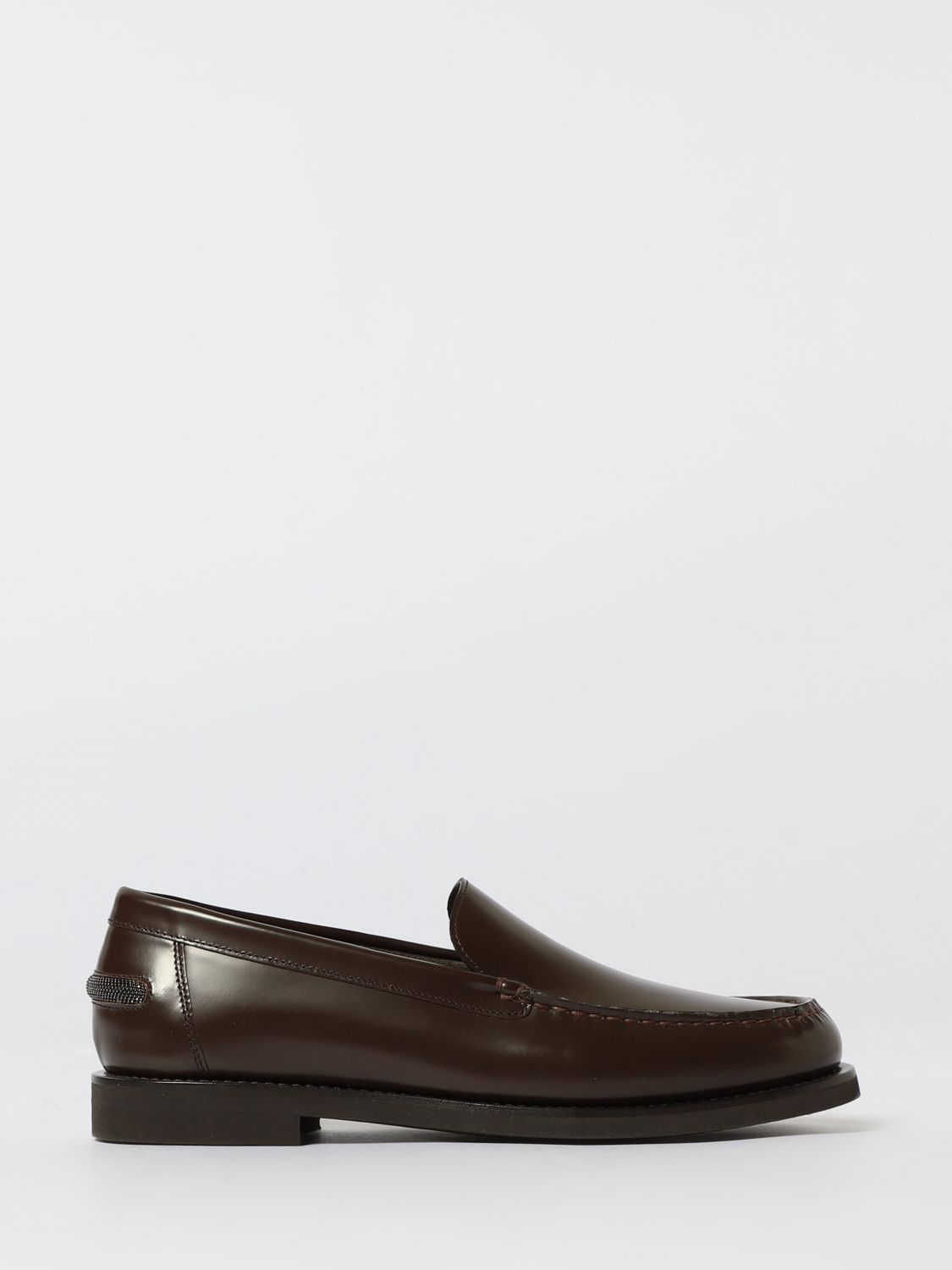 Brunello Cucinelli Round Toe Leather Loafers With Stitched Detailing In Brown