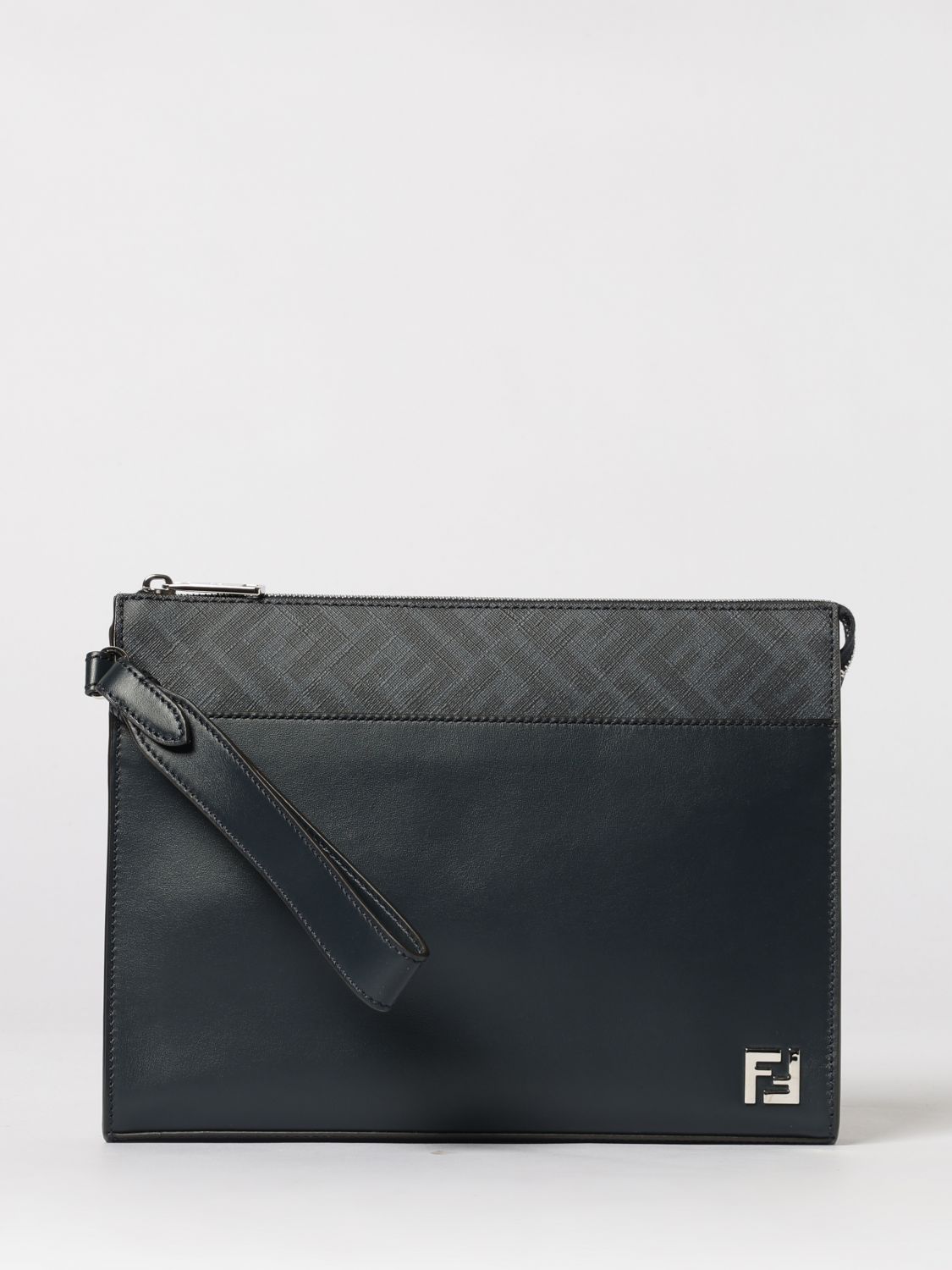 FENDI Clutch Squared FF in pelle e cotone spalmato saffiano