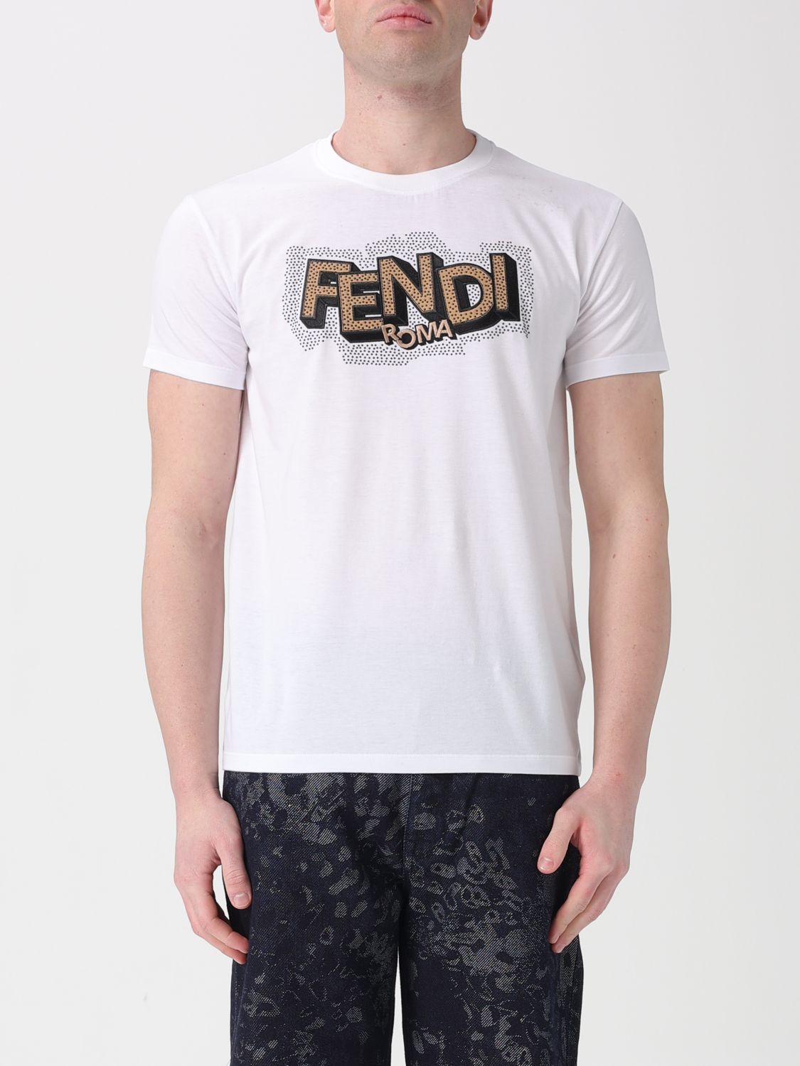 FENDI T-shirt slim in cotone con strass