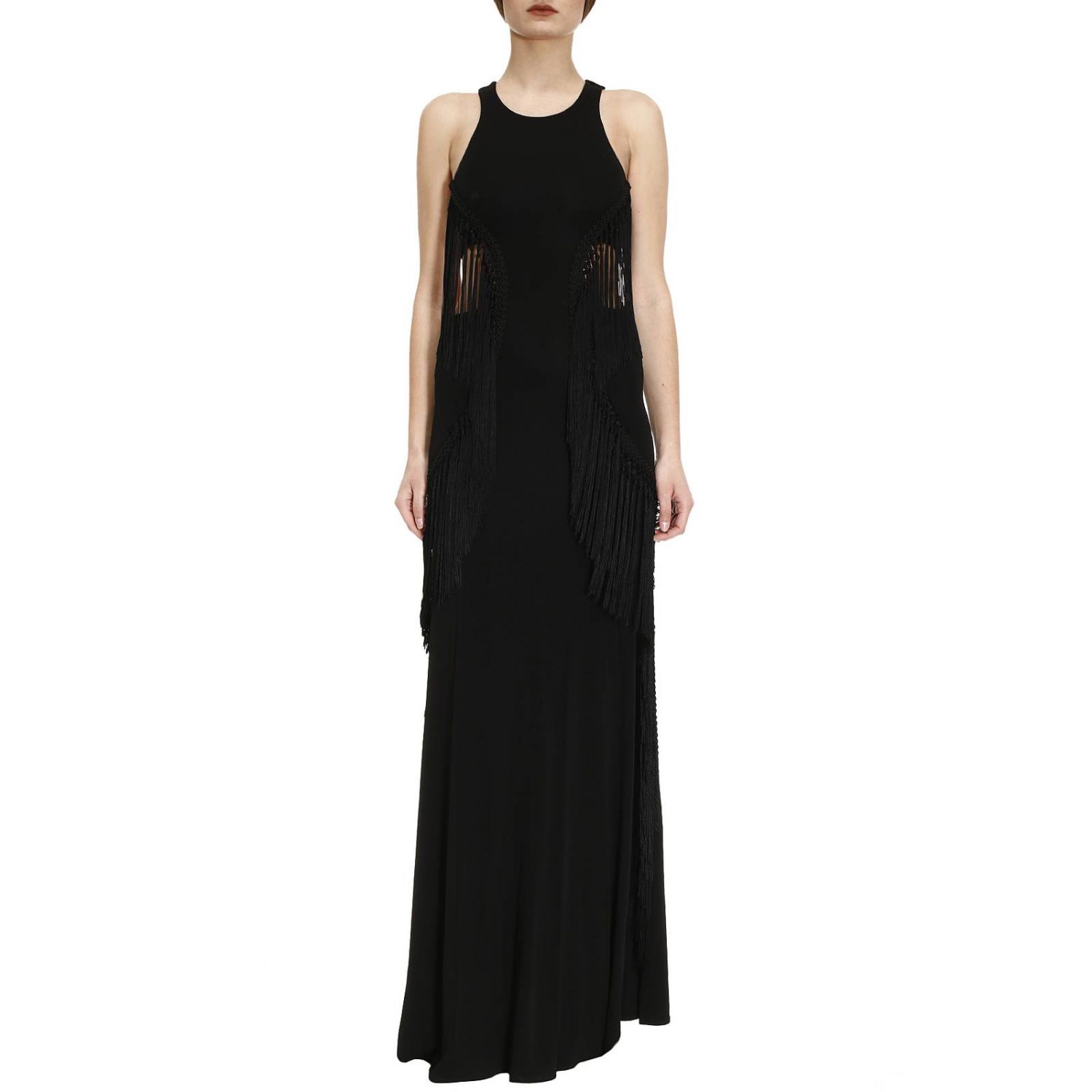 Elisabetta Franchi Outlet: Abito lungo con porzioni nude e frange - Nero | Abito  Elisabetta Franchi AB7453947 GIGLIO.COM