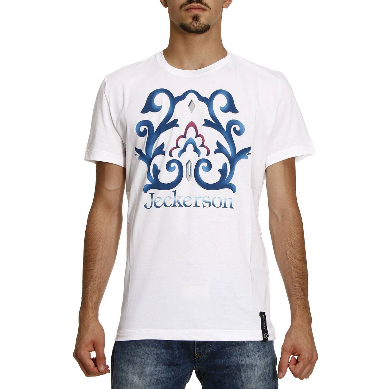 Jeckerson Outlet: T-shirt in jersey 100% cotone con maxi stampa e logo |  T-Shirt Jeckerson Uomo Bianco | T-Shirt Jeckerson TSH 73019 GIGLIO.COM