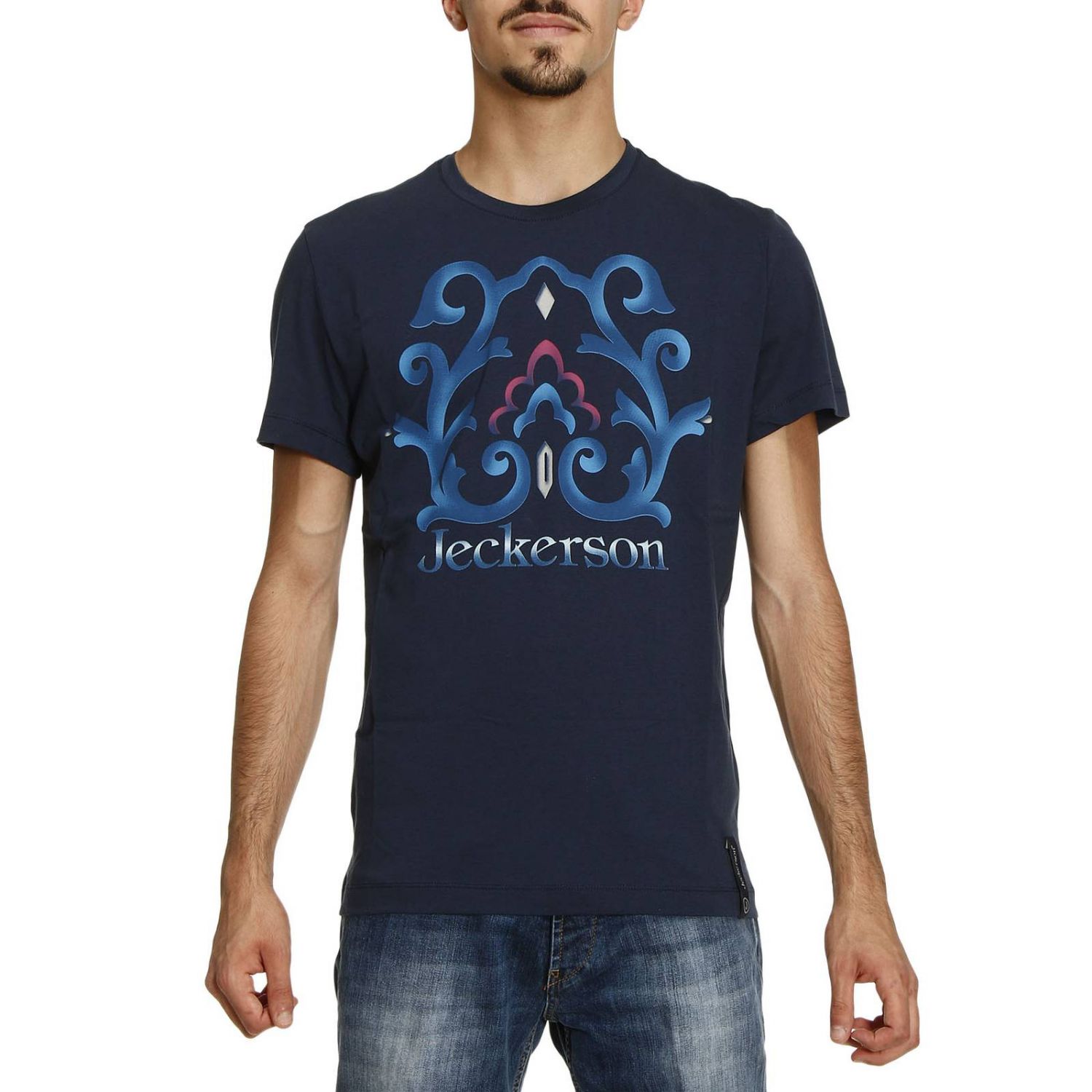 Jeckerson Outlet: T-shirt in jersey 100% cotone con maxi stampa e logo |  T-Shirt Jeckerson Uomo Blue | T-Shirt Jeckerson TSH 73019 GIGLIO.COM