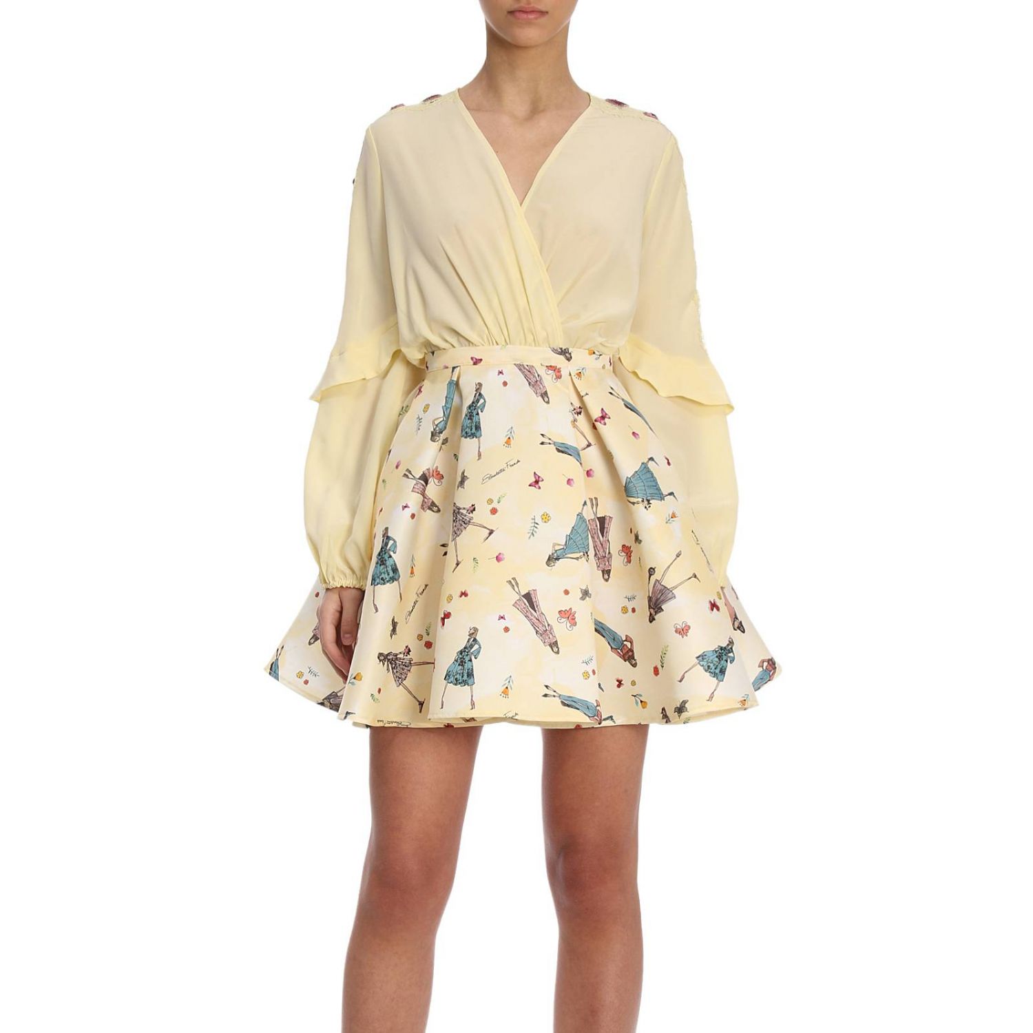 Elisabetta Franchi Outlet: Abito con gonna removibile in seta e pizzo con  applicazioni e fantasia butterfly - Giallo | Abito Elisabetta Franchi AB253  81E2 GIGLIO.COM