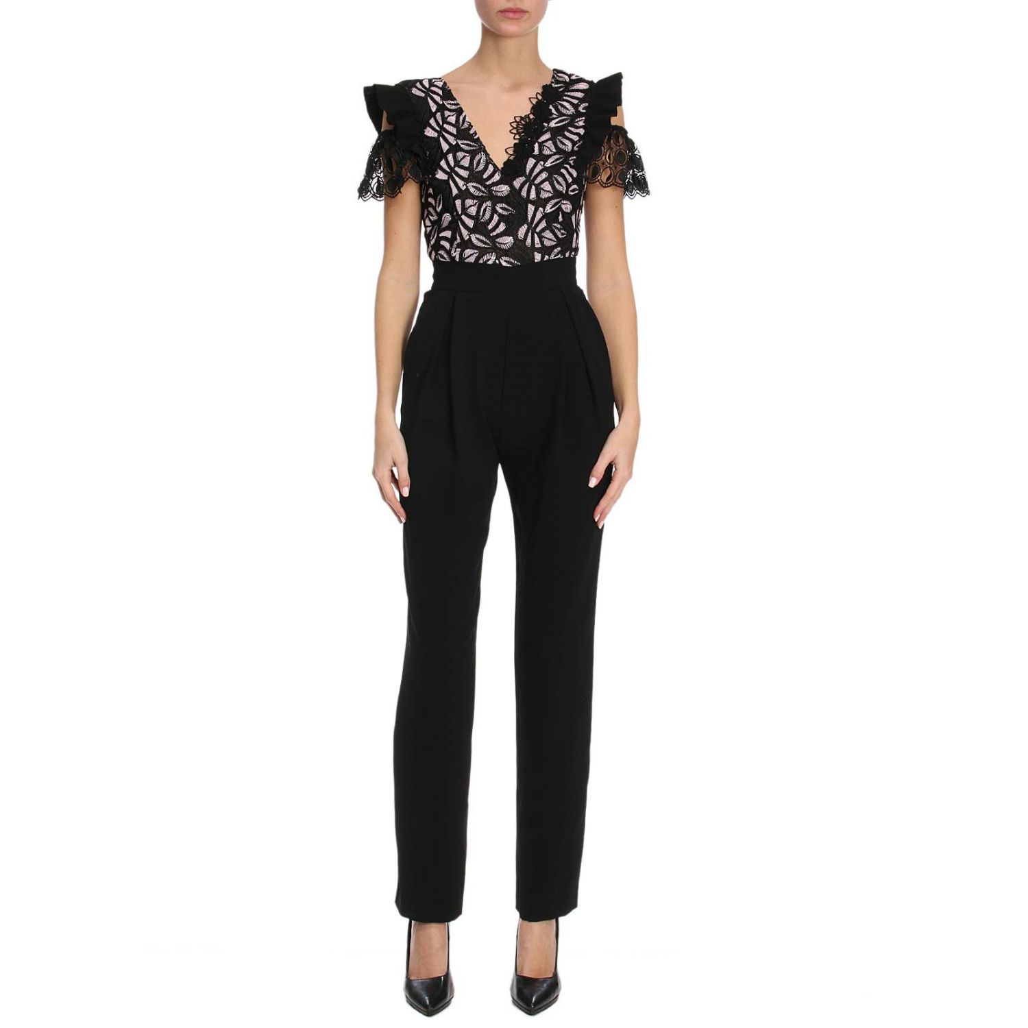 Pinko Outlet: Tuta Patricia in poly crêpe con ricami in macramé a contrasto  - Nero | Tuta Pinko 1B1329-4575 GIGLIO.COM