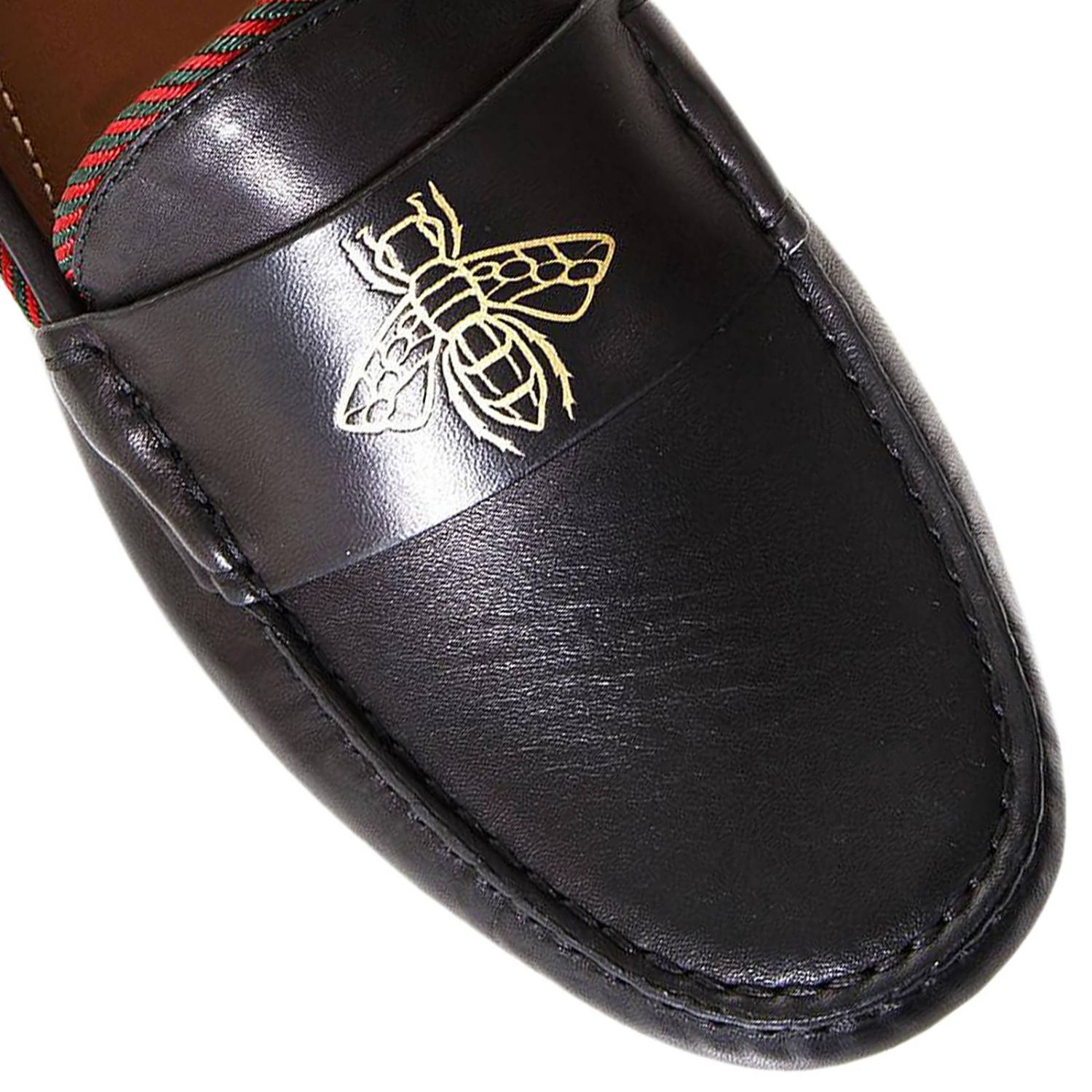 GUCCI: Mocassino in vera pelle con corda e logo Ape - Nero | Mocassini Gucci  497117 BTRR0 GIGLIO.COM