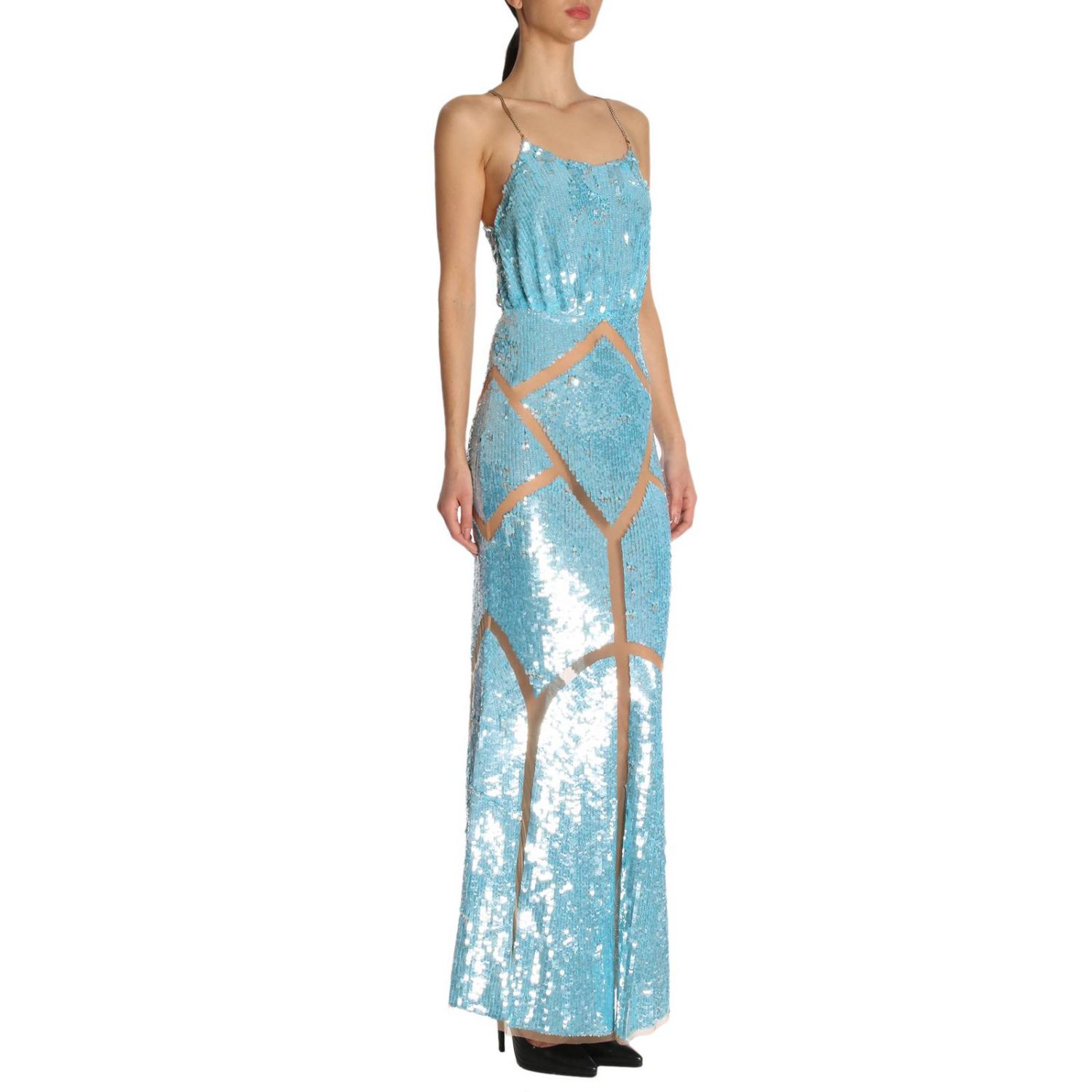 Elisabetta Franchi Outlet: Abito lungo tempestato da paillettes con sezioni  in tulle velato - Turchese | Abito Elisabetta Franchi AR24G 82E2 GIGLIO.COM