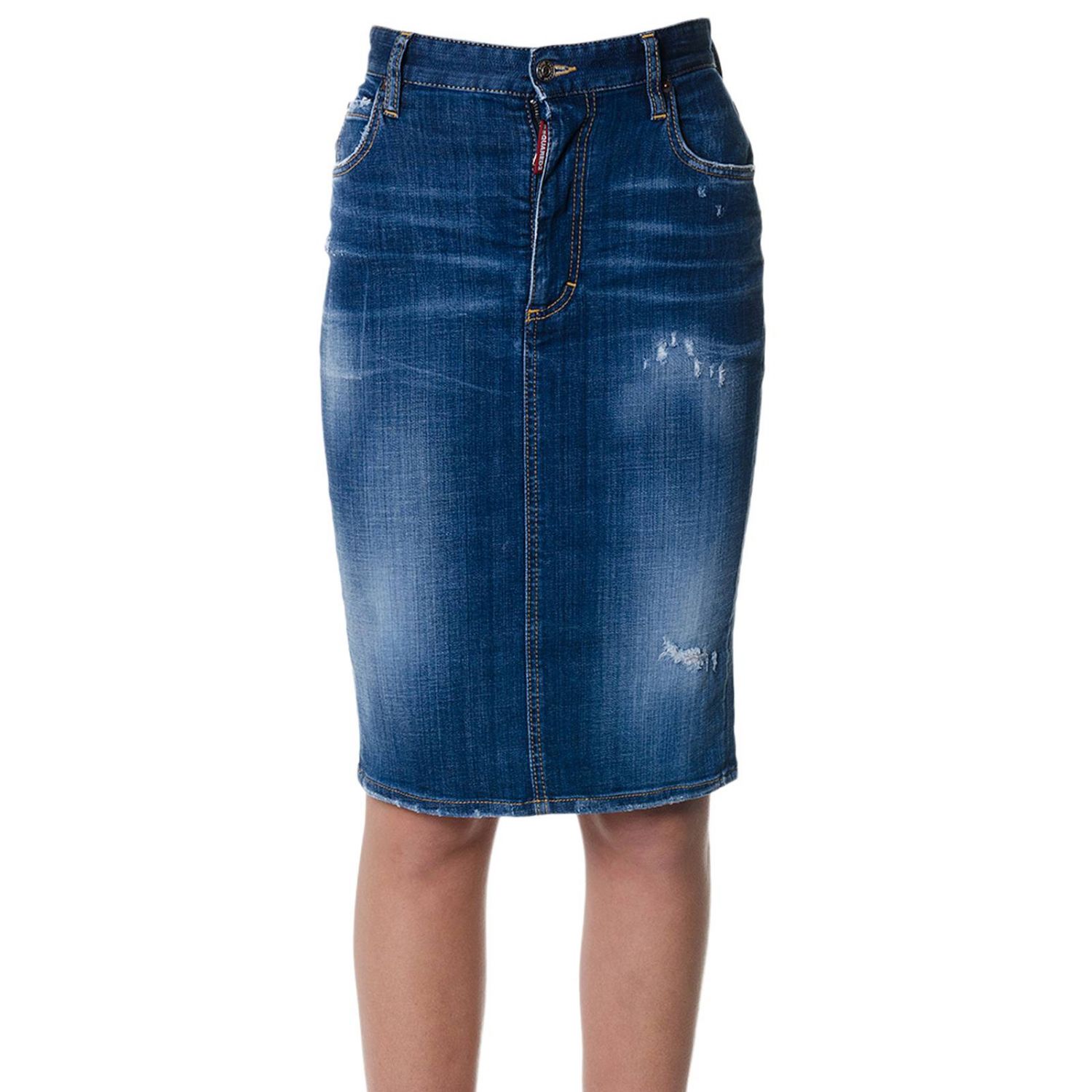 Dsquared2 Outlet: Gonna di jeans a tubino stretch used con micro rotture -  Denim | Gonna Dsquared2 S72MA0644 S30342 GIGLIO.COM