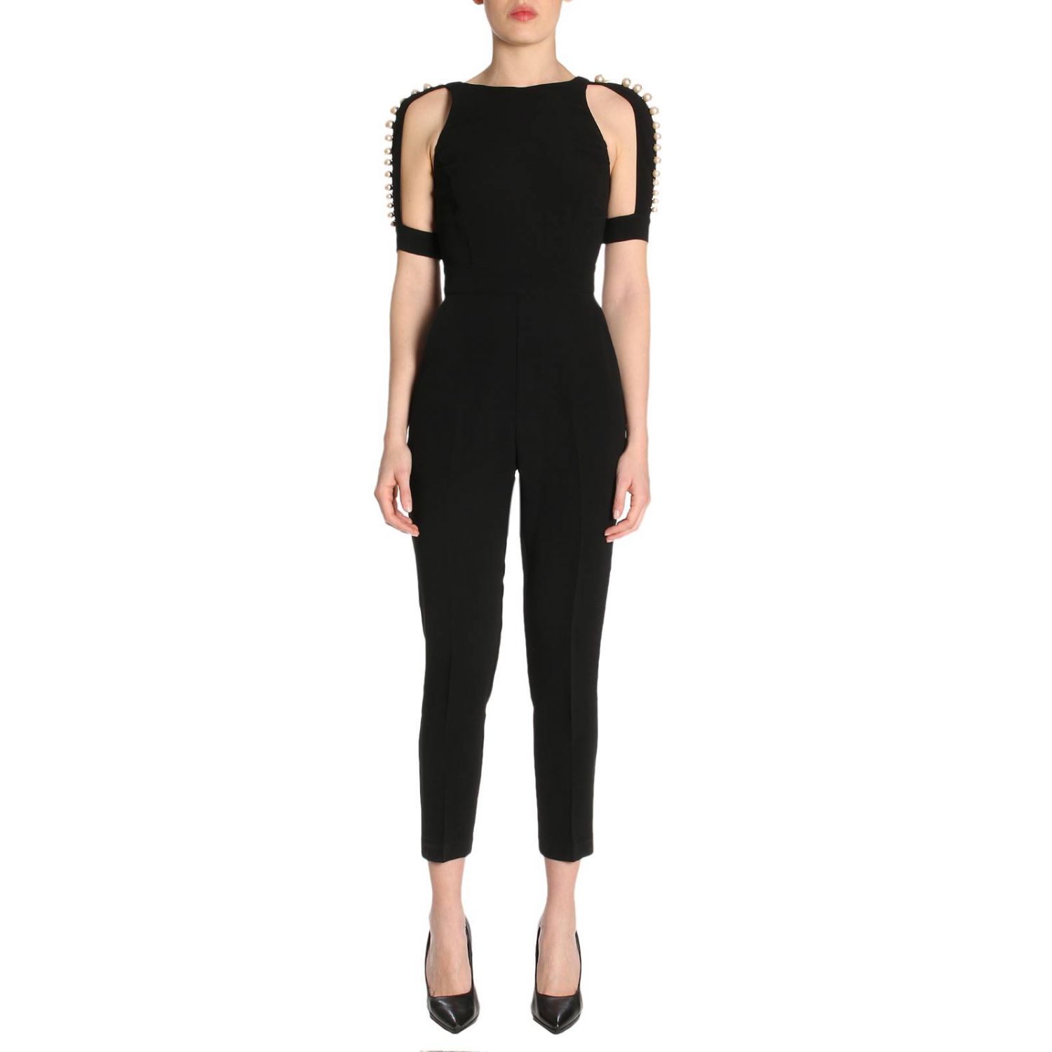 Elisabetta Franchi Outlet: Tuta lunga con maniche spezzate e maxi perle -  Nero | Tuta Elisabetta Franchi TU064 83E2 GIGLIO.COM
