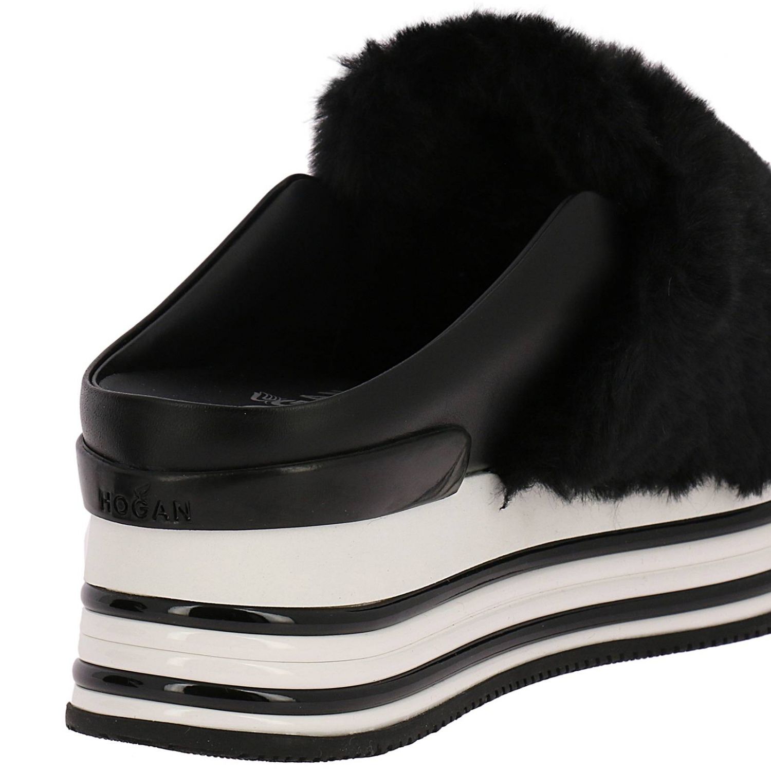 HOGAN: Sneakers 346 platform slip on in pelle liscia e pelliccia con fondo  222 - Nero | Scarpe Basse Hogan GYW3460AK40 JA6 GIGLIO.COM