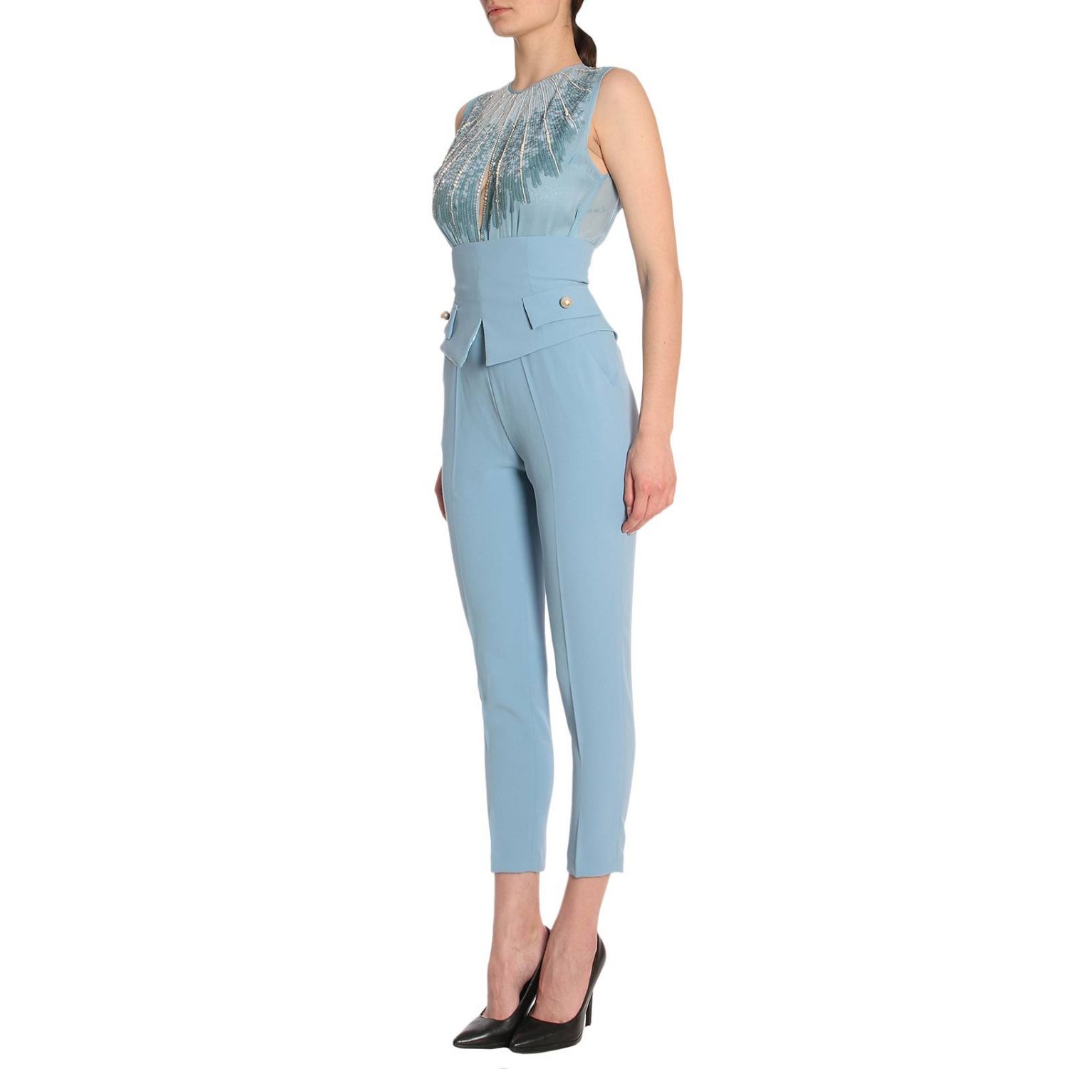 Elisabetta Franchi Outlet: Tuta con pantalone removibile e top in tulle con  ricami - Azzurro | Tuta Elisabetta Franchi TU093 83E2 GIGLIO.COM