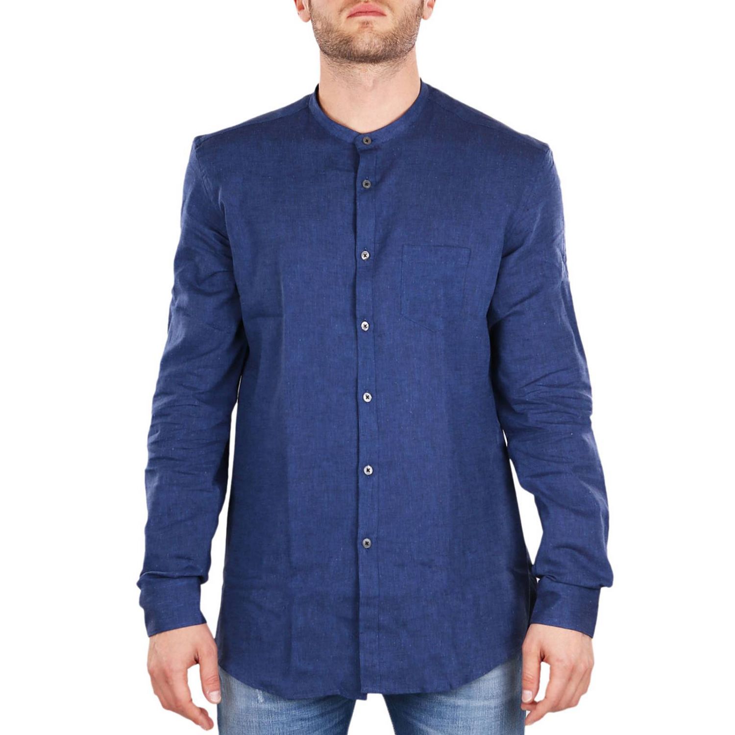Daniele Alessandrini Outlet: Camicia a maniche lunghe con collo alla  coreana - Blue | Camicia Daniele Alessandrini C1578B11843800 GIGLIO.COM