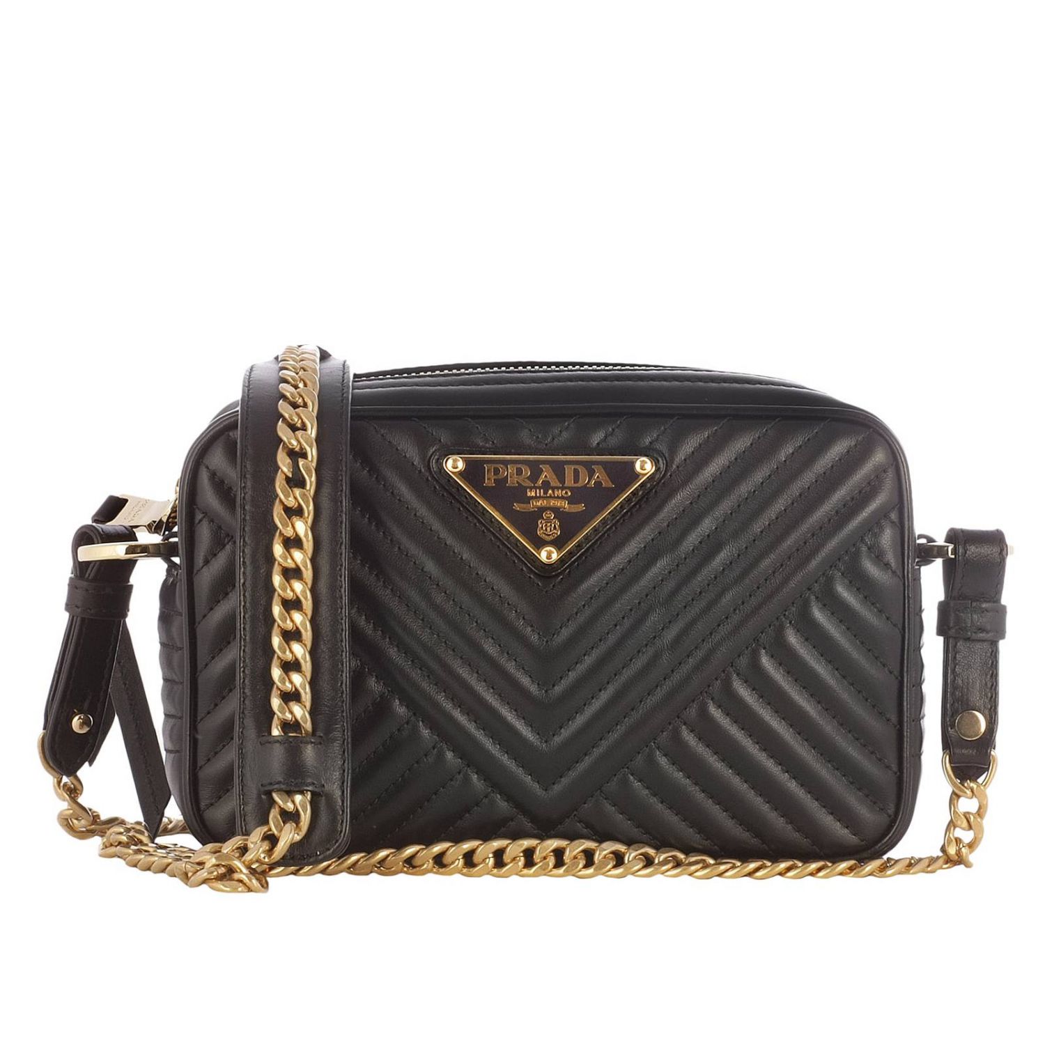 PRADA: Borsa in pelle trapuntata con maxi logo metallico e tracolla a  catena - Nero | Borsa Mini Prada 1BH102 2D91 GIGLIO.COM
