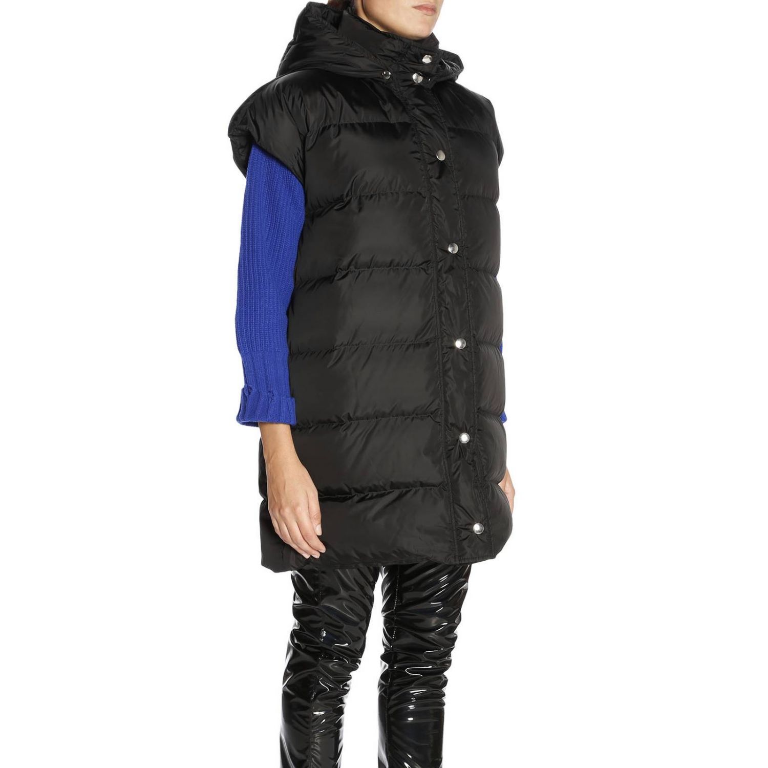 Msgm Outlet: Piumino lungo senza maniche in nylon impermeabile con maxi  cappuccio e stampa logo - Nero | Giacca Msgm 2541MDW04184519 GIGLIO.COM